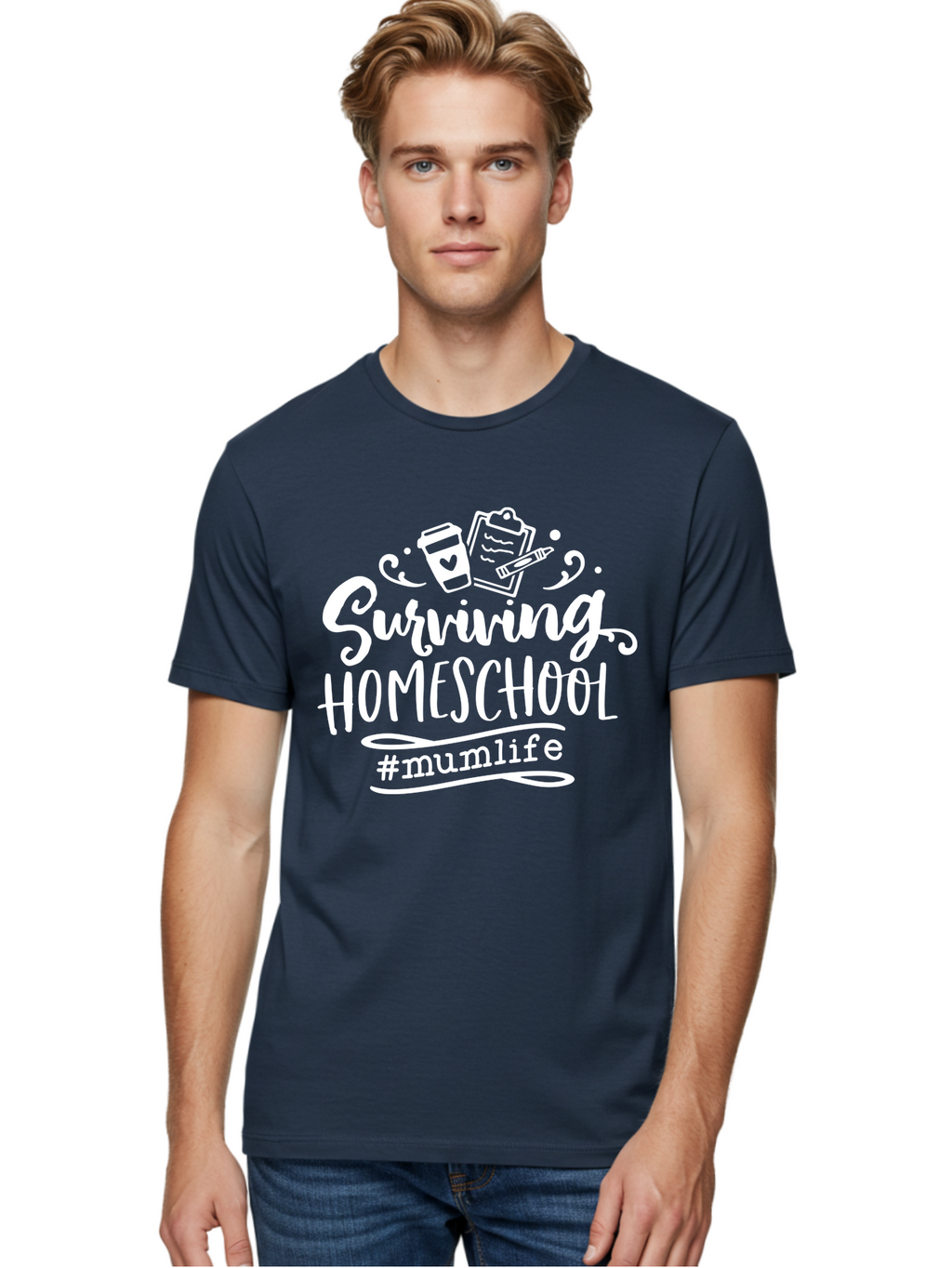 Surviving-Homeschool-3 Men'S Graphic Tee, 100% Cotton, Comfortable Casual Summer Wear, Machine Washable, Homeschooling, Mom Life, Parenting, Education, Teaching, Learning, #Mumlif, School Supplies, Coffee Cup, Clipboard Aab434