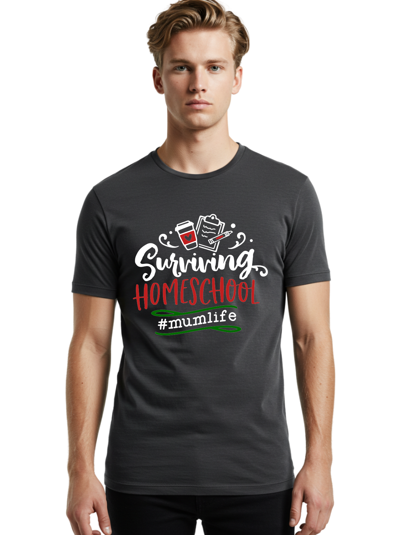 Surviving-Homeschool-4 Men'S Graphic Tee, 100% Cotton, Comfortable Casual Summer Wear, Machine Washable, Homeschooling, Parenting, Motherhood, Coffee Culture, Teaching, Learning, Education, #Mumlife, Mom Life, Homeschool Mom Aab435