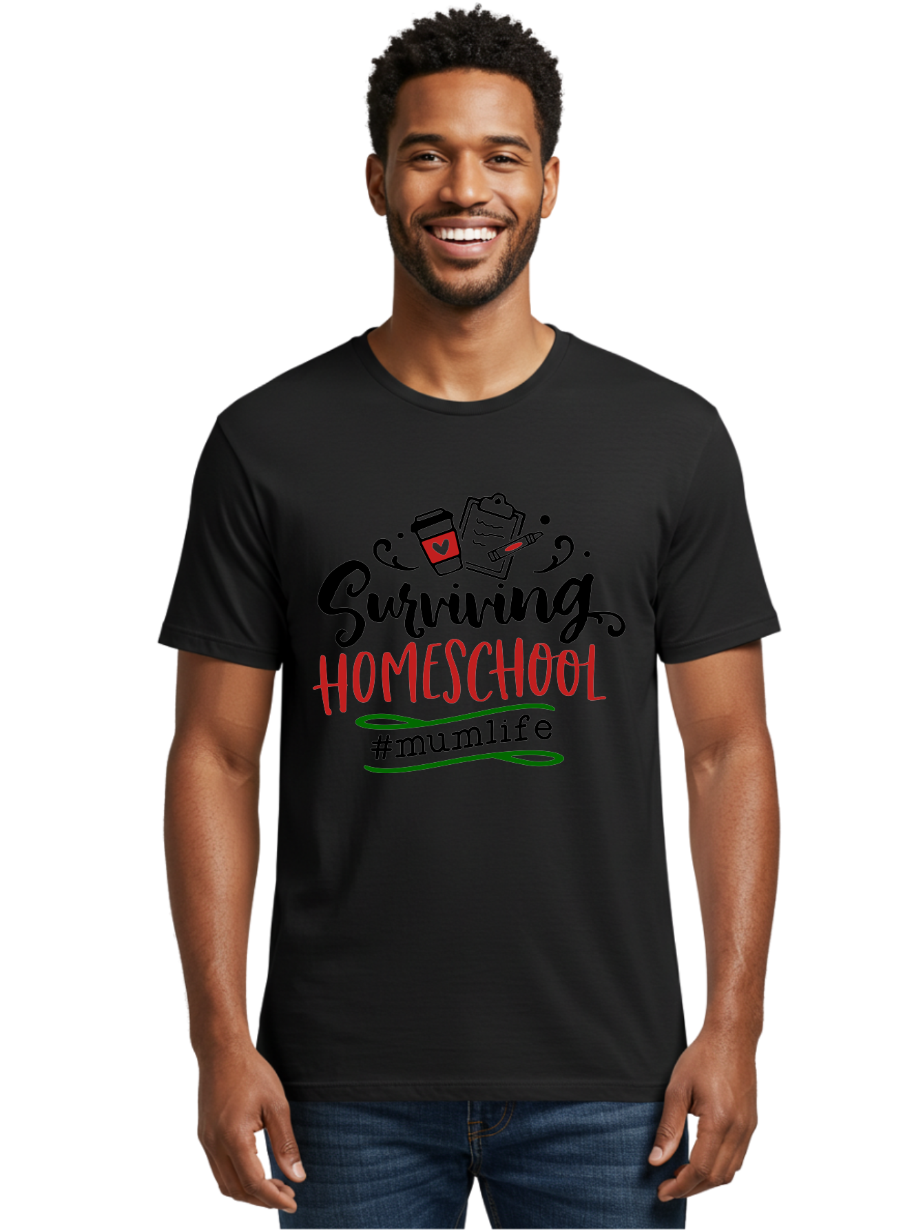 Surviving-Homeschool-5 Men'S Graphic Tee, 100% Cotton, Comfortable Casual Summer Wear, Machine Washable, Homeschooling, Mom Life, Coffee Cup, Clipboard, Pencil, #Mumlife, Parenting, Education, Homeschool Mom, Funny Quote Aab436