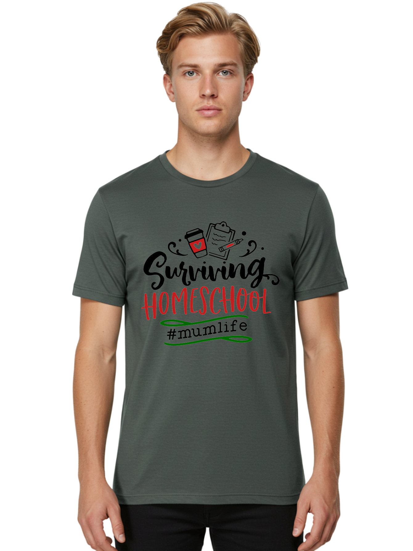 Surviving-Homeschool-5 Men'S Graphic Tee, 100% Cotton, Comfortable Casual Summer Wear, Machine Washable, Homeschooling, Mom Life, Coffee Cup, Clipboard, Pencil, #Mumlife, Parenting, Education, Homeschool Mom, Funny Quote Aab436