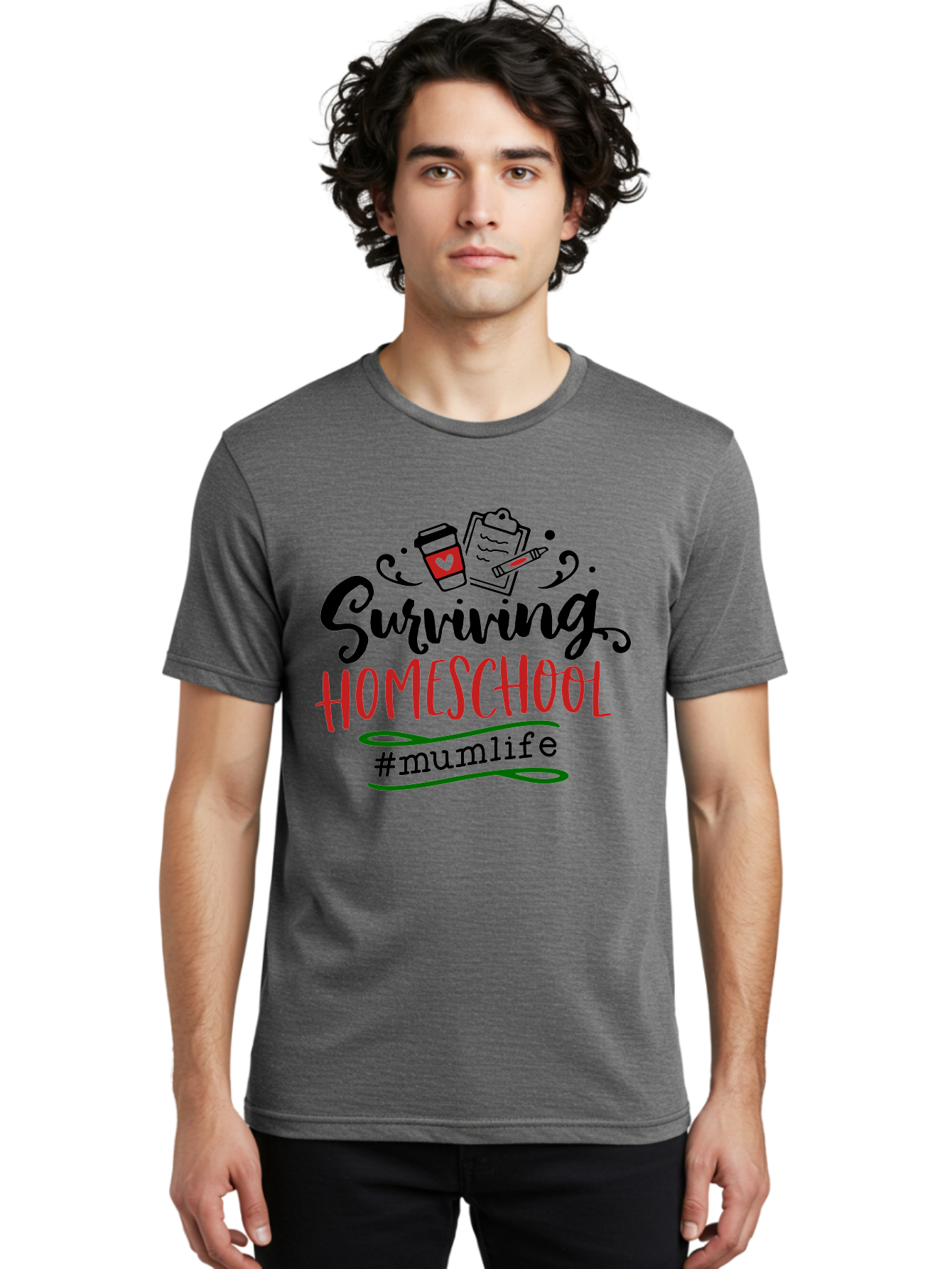 Surviving-Homeschool-5 Men'S Graphic Tee, 100% Cotton, Comfortable Casual Summer Wear, Machine Washable, Homeschooling, Mom Life, Coffee Cup, Clipboard, Pencil, #Mumlife, Parenting, Education, Homeschool Mom, Funny Quote Aab436