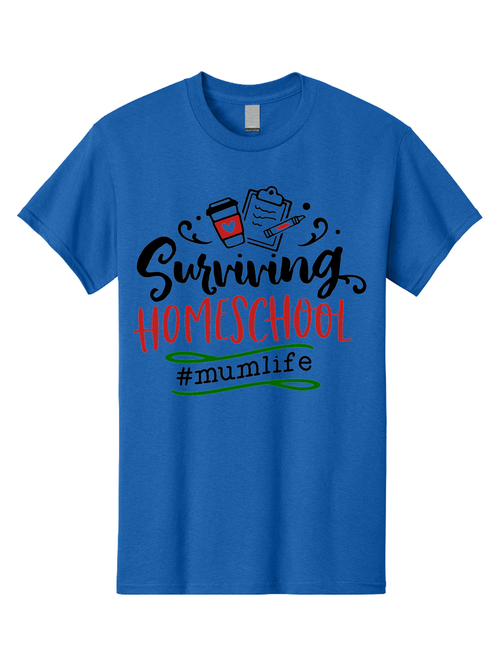 Surviving-Homeschool-5 Men'S Graphic Tee, 100% Cotton, Comfortable Casual Summer Wear, Machine Washable, Homeschooling, Mom Life, Coffee Cup, Clipboard, Pencil, #Mumlife, Parenting, Education, Homeschool Mom, Funny Quote Aab436