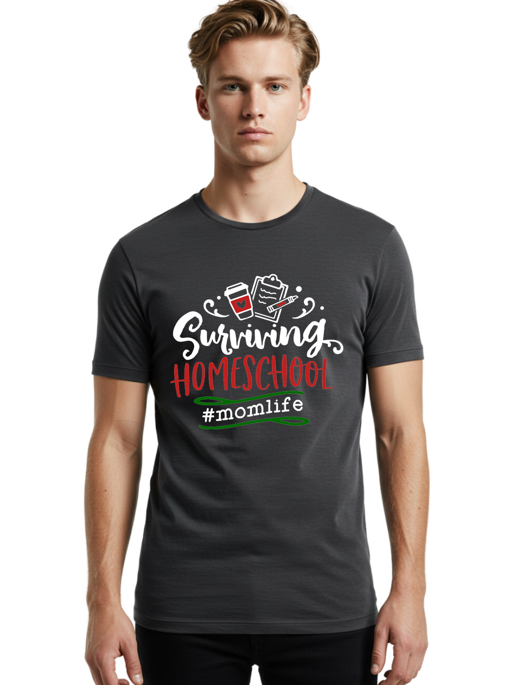 Surviving-Homeschool-6 Men'S Graphic Tee, 100% Cotton, Comfortable Casual Summer Wear, Machine Washable, Homeschooling, Mom Life, Parenting, Education, Teaching, Coffee Culture, Self-Care, Family Bonding, Alternative Education Aab437