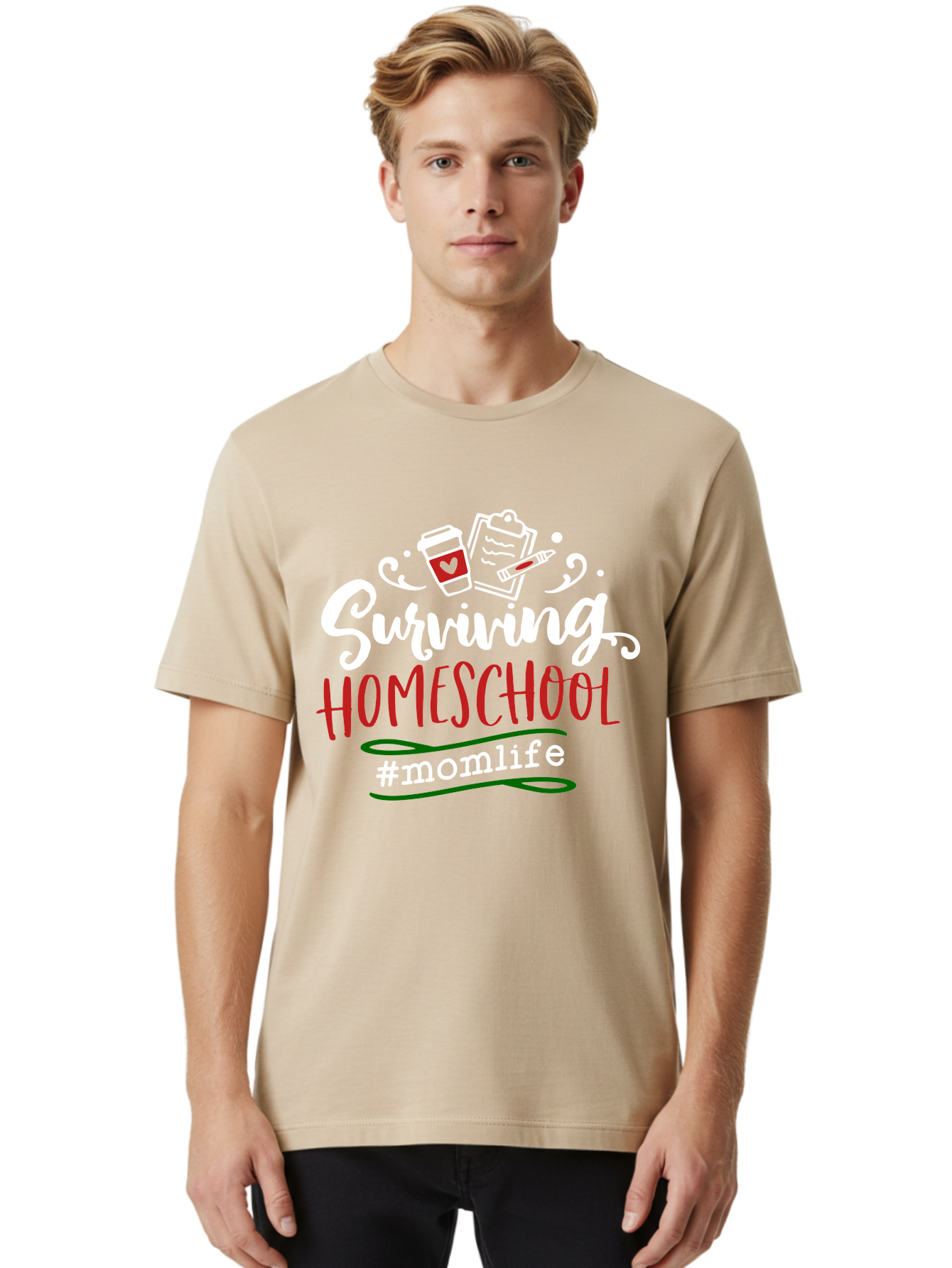 Surviving-Homeschool-6 Men'S Graphic Tee, 100% Cotton, Comfortable Casual Summer Wear, Machine Washable, Homeschooling, Mom Life, Parenting, Education, Teaching, Coffee Culture, Self-Care, Family Bonding, Alternative Education Aab437