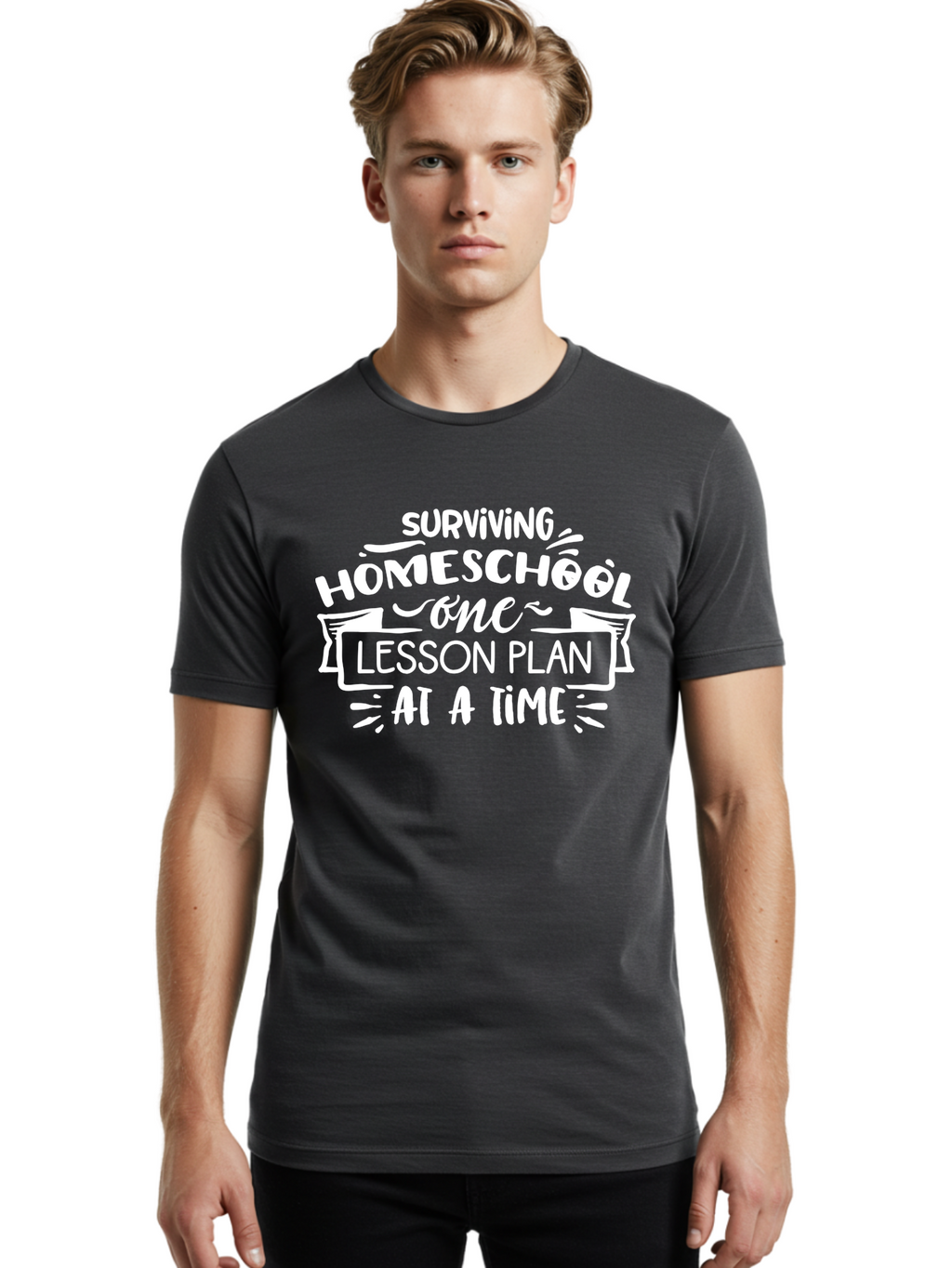 Surviving-Homeschool-7 Men'S Graphic Tee, 100% Cotton, Comfortable Casual Summer Wear, Machine Washable, Homeschool Survival, Homeschooling, Lesson Planning, Education, Teaching, Parenting, Humorous Quote, Inspirational Quote, Teaching Tip Aab438