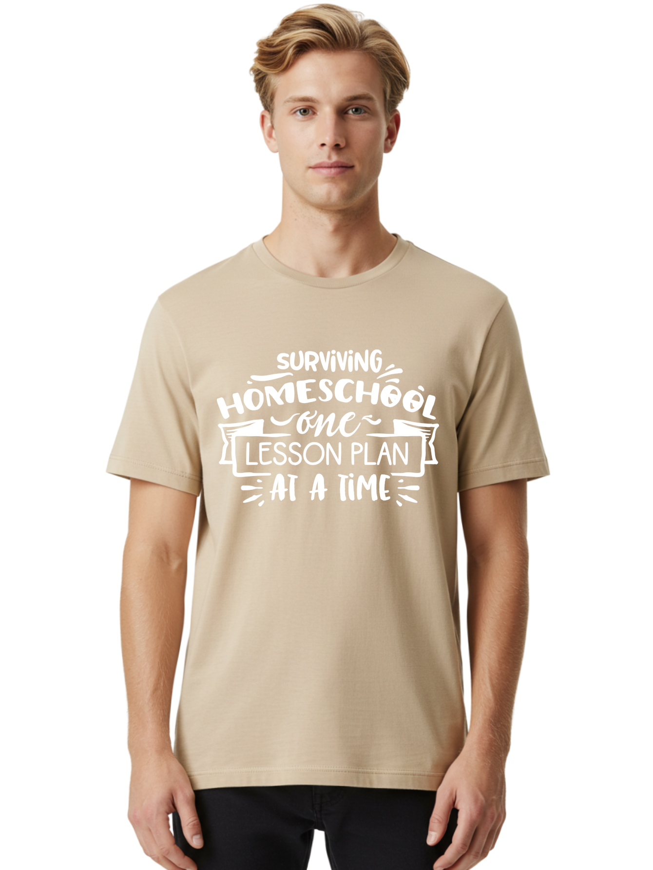 Surviving-Homeschool-7 Men'S Graphic Tee, 100% Cotton, Comfortable Casual Summer Wear, Machine Washable, Homeschool Survival, Homeschooling, Lesson Planning, Education, Teaching, Parenting, Humorous Quote, Inspirational Quote, Teaching Tip Aab438