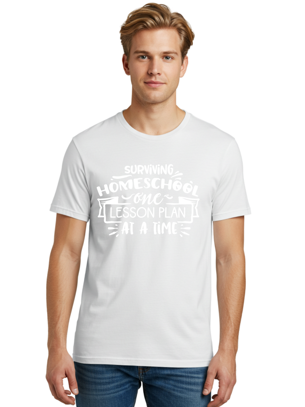 Surviving-Homeschool-7 Men'S Graphic Tee, 100% Cotton, Comfortable Casual Summer Wear, Machine Washable, Homeschool Survival, Homeschooling, Lesson Planning, Education, Teaching, Parenting, Humorous Quote, Inspirational Quote, Teaching Tip Aab438