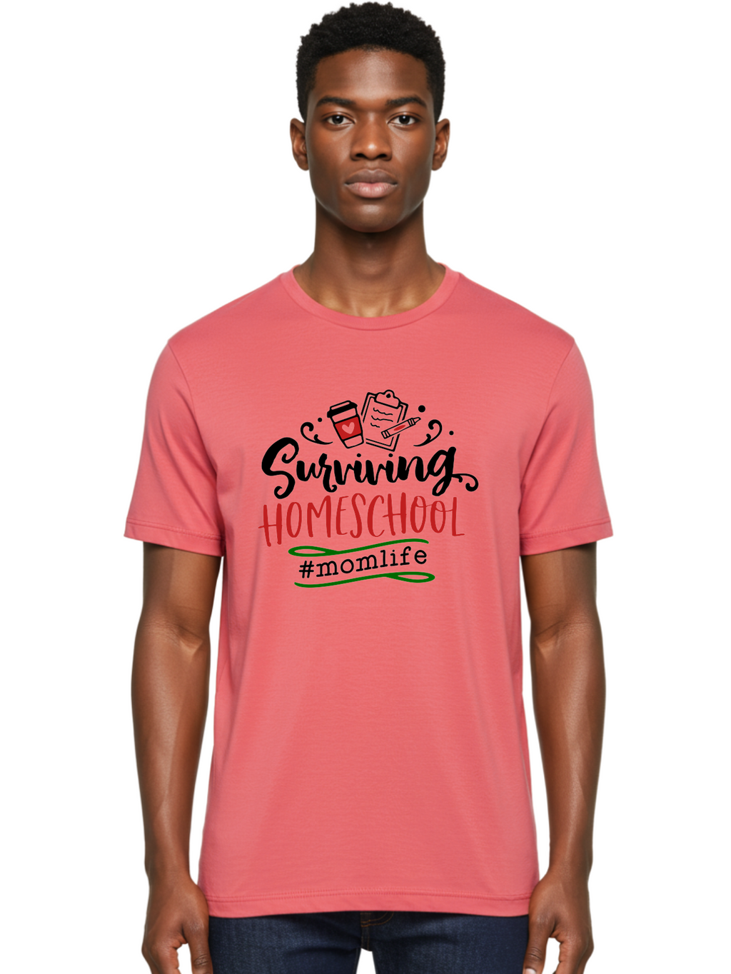 Surviving-Homeschool-9 Men'S Graphic Tee, 100% Cotton, Comfortable Casual Summer Wear, Machine Washable, Homeschool, Mom Life, Coffee Cup, Clipboard, Pencil, Motherhood, Parenting, Education, Homeschooling, Survival Tips, Parenting Struggles, Aab440