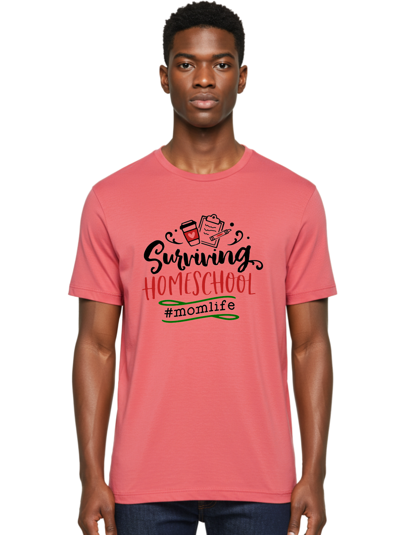 Surviving-Homeschool-9 Men'S Graphic Tee, 100% Cotton, Comfortable Casual Summer Wear, Machine Washable, Homeschool, Mom Life, Coffee Cup, Clipboard, Pencil, Motherhood, Parenting, Education, Homeschooling, Survival Tips, Parenting Struggles, Aab440