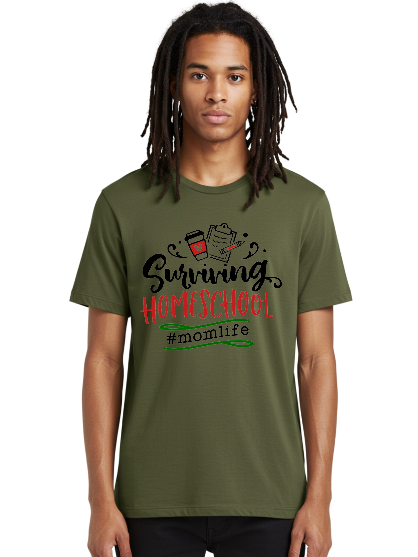 Surviving-Homeschool-9 Men'S Graphic Tee, 100% Cotton, Comfortable Casual Summer Wear, Machine Washable, Homeschool, Mom Life, Coffee Cup, Clipboard, Pencil, Motherhood, Parenting, Education, Homeschooling, Survival Tips, Parenting Struggles, Aab440