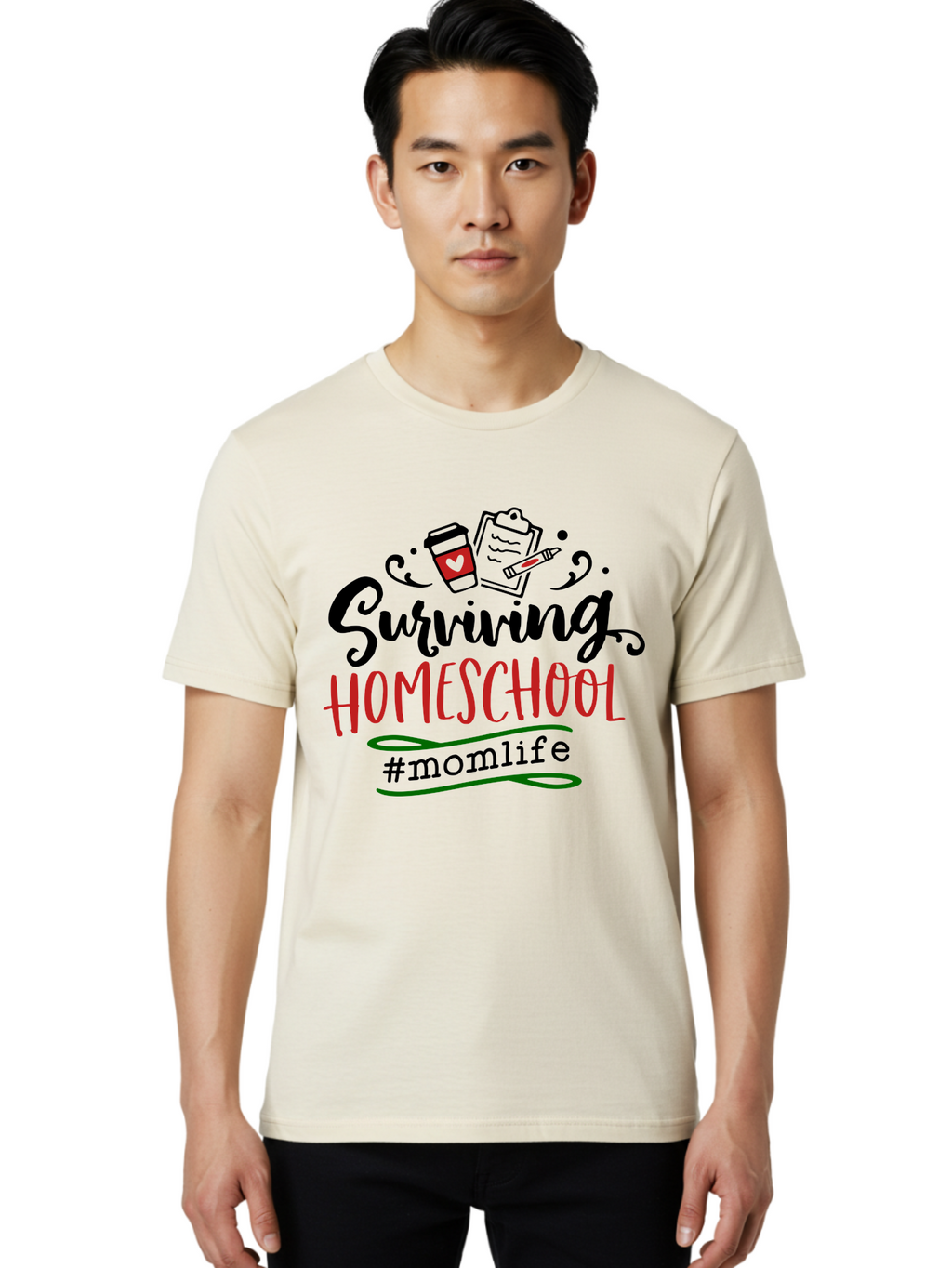 Surviving-Homeschool-9 Men'S Graphic Tee, 100% Cotton, Comfortable Casual Summer Wear, Machine Washable, Homeschool, Mom Life, Coffee Cup, Clipboard, Pencil, Motherhood, Parenting, Education, Homeschooling, Survival Tips, Parenting Struggles, Aab440