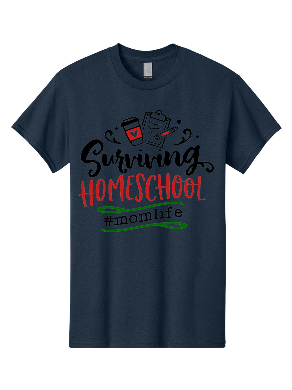Surviving-Homeschool-9 Men'S Graphic Tee, 100% Cotton, Comfortable Casual Summer Wear, Machine Washable, Homeschool, Mom Life, Coffee Cup, Clipboard, Pencil, Motherhood, Parenting, Education, Homeschooling, Survival Tips, Parenting Struggles, Aab440