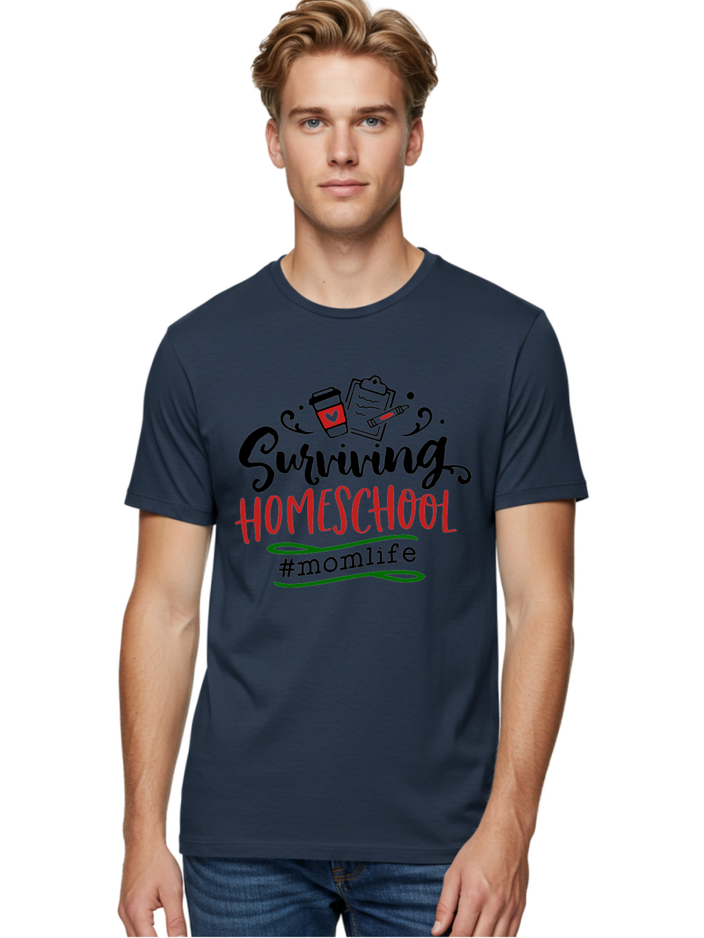 Surviving-Homeschool-9 Men'S Graphic Tee, 100% Cotton, Comfortable Casual Summer Wear, Machine Washable, Homeschool, Mom Life, Coffee Cup, Clipboard, Pencil, Motherhood, Parenting, Education, Homeschooling, Survival Tips, Parenting Struggles, Aab440