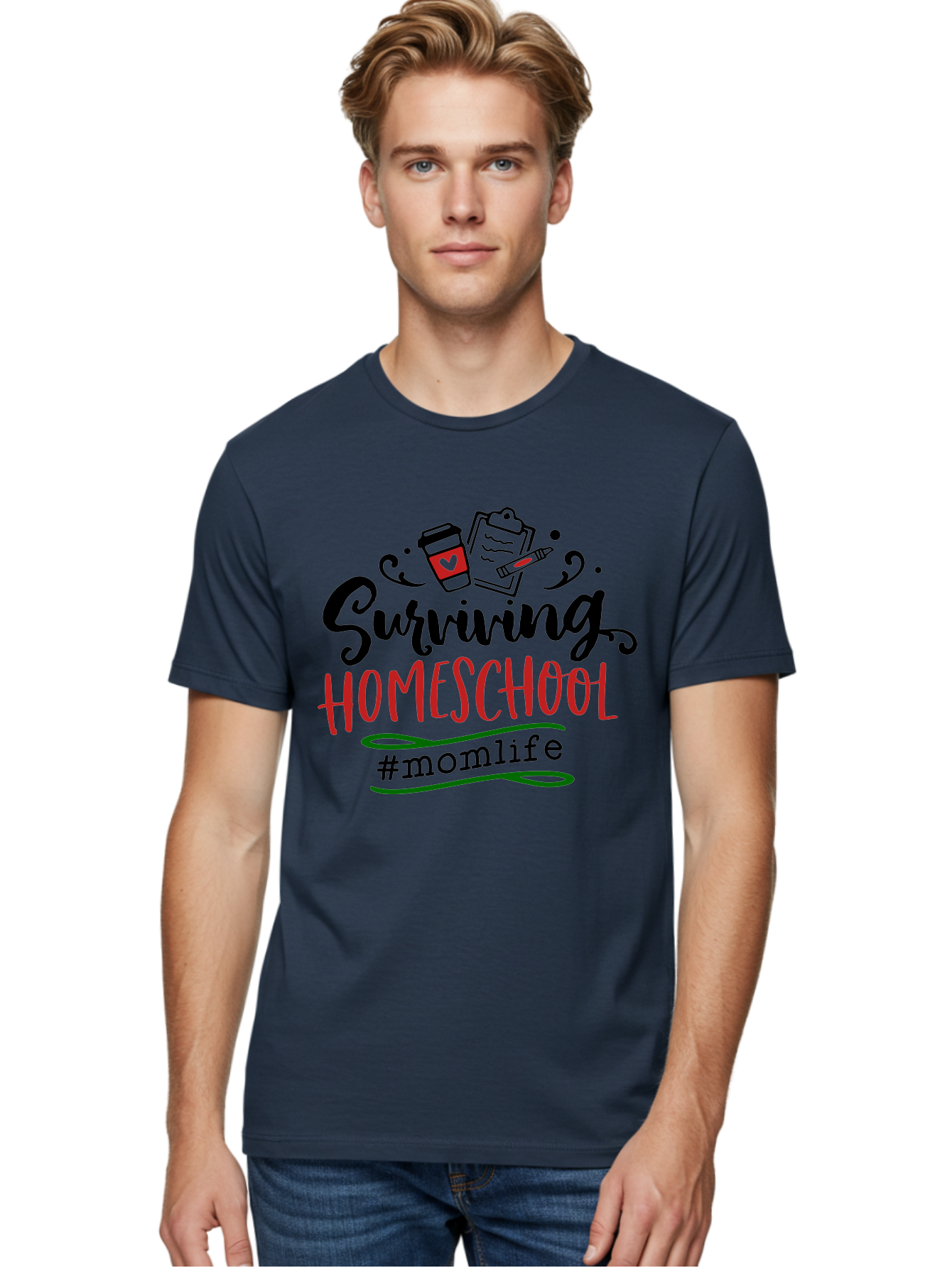 Surviving-Homeschool-9 Men'S Graphic Tee, 100% Cotton, Comfortable Casual Summer Wear, Machine Washable, Homeschool, Mom Life, Coffee Cup, Clipboard, Pencil, Motherhood, Parenting, Education, Homeschooling, Survival Tips, Parenting Struggles, Aab440