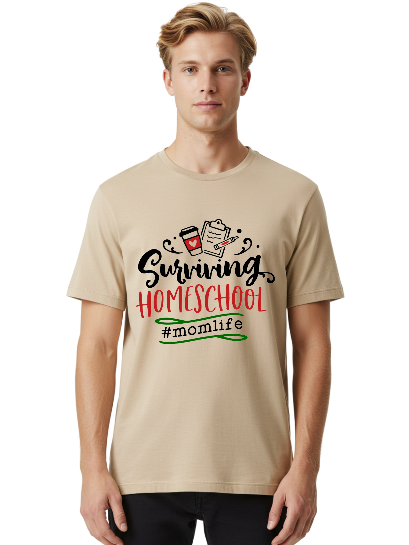 Surviving-Homeschool-9 Men'S Graphic Tee, 100% Cotton, Comfortable Casual Summer Wear, Machine Washable, Homeschool, Mom Life, Coffee Cup, Clipboard, Pencil, Motherhood, Parenting, Education, Homeschooling, Survival Tips, Parenting Struggles, Aab440