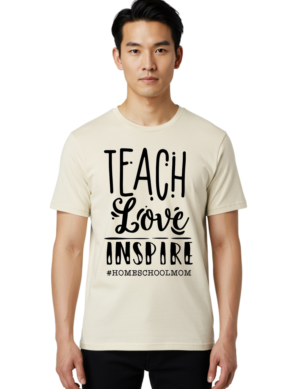 Teach-Love-Inspire-Homeschoolmom Men'S Graphic Tee, 100% Cotton, Comfortable Casual Summer Wear, Machine Washable, Homeschool Mom, Teach Love Inspire, Homeschooling, Inspirational Quote, Motivational Phrase, Teaching With Love Aab444