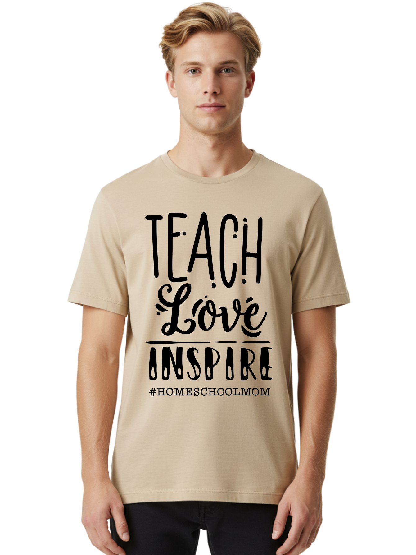 Teach-Love-Inspire-Homeschoolmom Men'S Graphic Tee, 100% Cotton, Comfortable Casual Summer Wear, Machine Washable, Homeschool Mom, Teach Love Inspire, Homeschooling, Inspirational Quote, Motivational Phrase, Teaching With Love Aab444