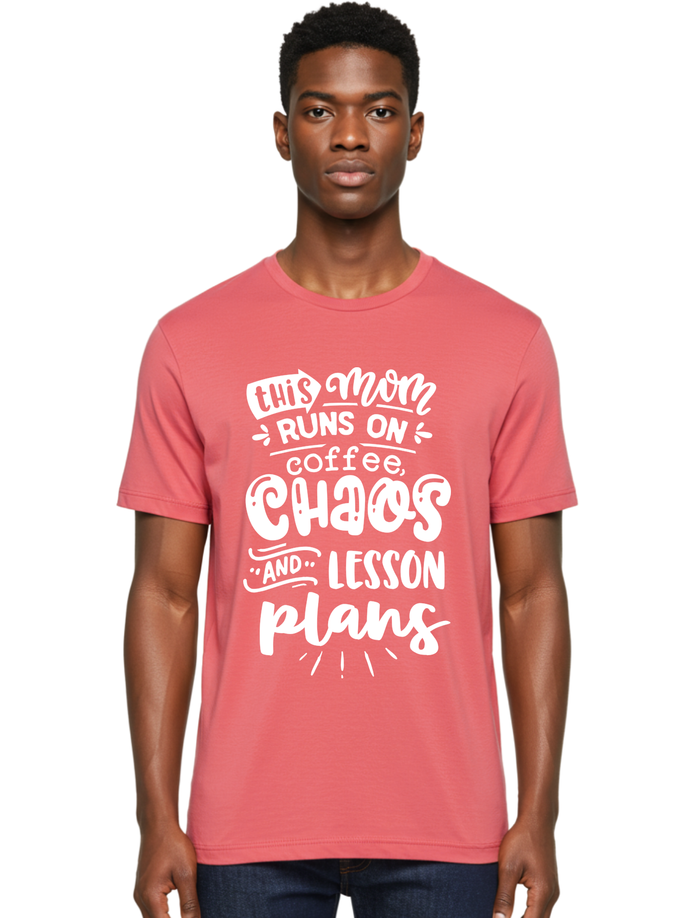 This-Mom-Runs-On-Coffee-Chaos-And-Lesson-Plans Men'S Graphic Tee, 100% Cotton, Comfortable Casual Summer Wear, Machine Washable, Funny Mom Quote, Mom Life, Coffee Humor, Teacher Mom, Chaotic Parenting, Lesson Plans, Mom Humor, Humorous Quote, Aab450