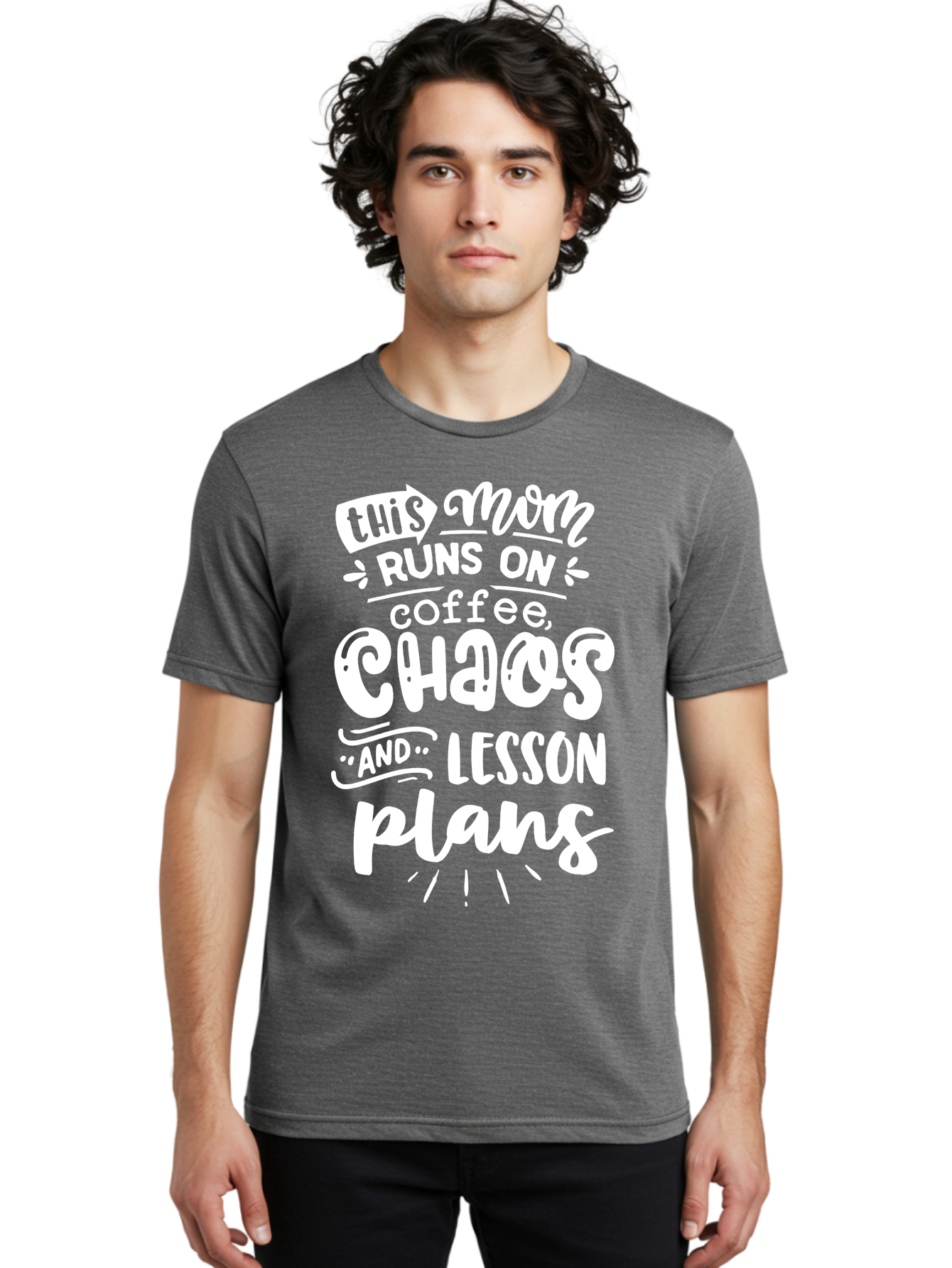 This-Mom-Runs-On-Coffee-Chaos-And-Lesson-Plans Men'S Graphic Tee, 100% Cotton, Comfortable Casual Summer Wear, Machine Washable, Funny Mom Quote, Mom Life, Coffee Humor, Teacher Mom, Chaotic Parenting, Lesson Plans, Mom Humor, Humorous Quote, Aab450