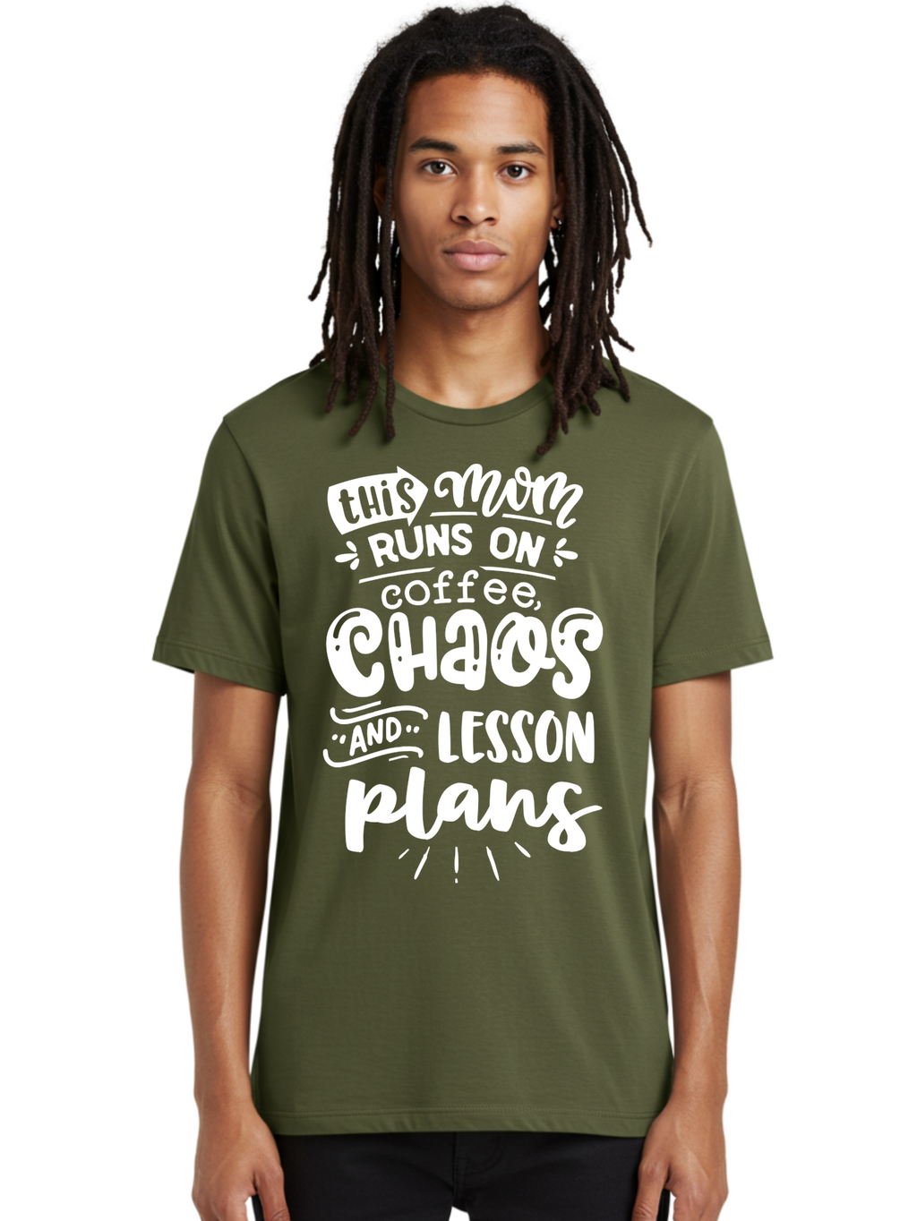 This-Mom-Runs-On-Coffee-Chaos-And-Lesson-Plans Men'S Graphic Tee, 100% Cotton, Comfortable Casual Summer Wear, Machine Washable, Funny Mom Quote, Mom Life, Coffee Humor, Teacher Mom, Chaotic Parenting, Lesson Plans, Mom Humor, Humorous Quote, Aab450