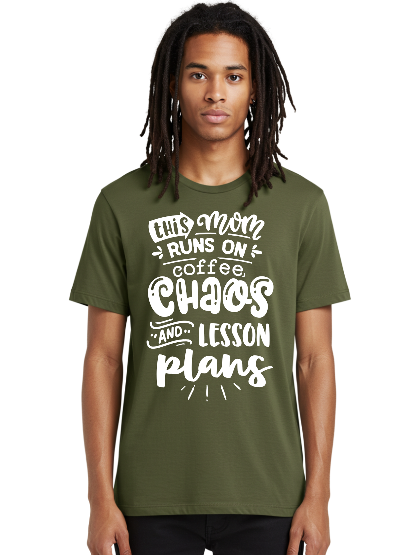 This-Mom-Runs-On-Coffee-Chaos-And-Lesson-Plans Men'S Graphic Tee, 100% Cotton, Comfortable Casual Summer Wear, Machine Washable, Funny Mom Quote, Mom Life, Coffee Humor, Teacher Mom, Chaotic Parenting, Lesson Plans, Mom Humor, Humorous Quote, Aab450