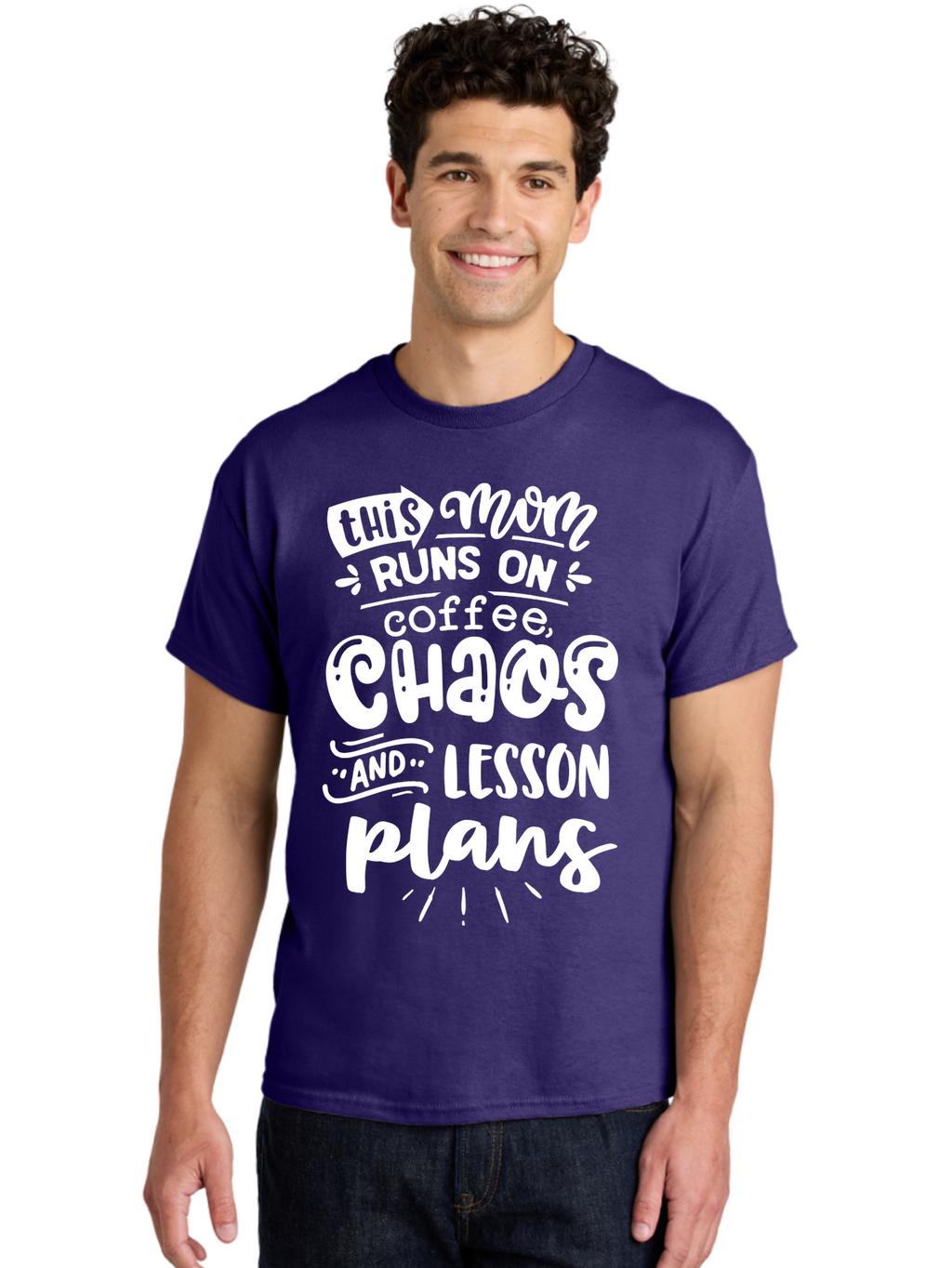 This-Mom-Runs-On-Coffee-Chaos-And-Lesson-Plans Men'S Graphic Tee, 100% Cotton, Comfortable Casual Summer Wear, Machine Washable, Funny Mom Quote, Mom Life, Coffee Humor, Teacher Mom, Chaotic Parenting, Lesson Plans, Mom Humor, Humorous Quote, Aab450