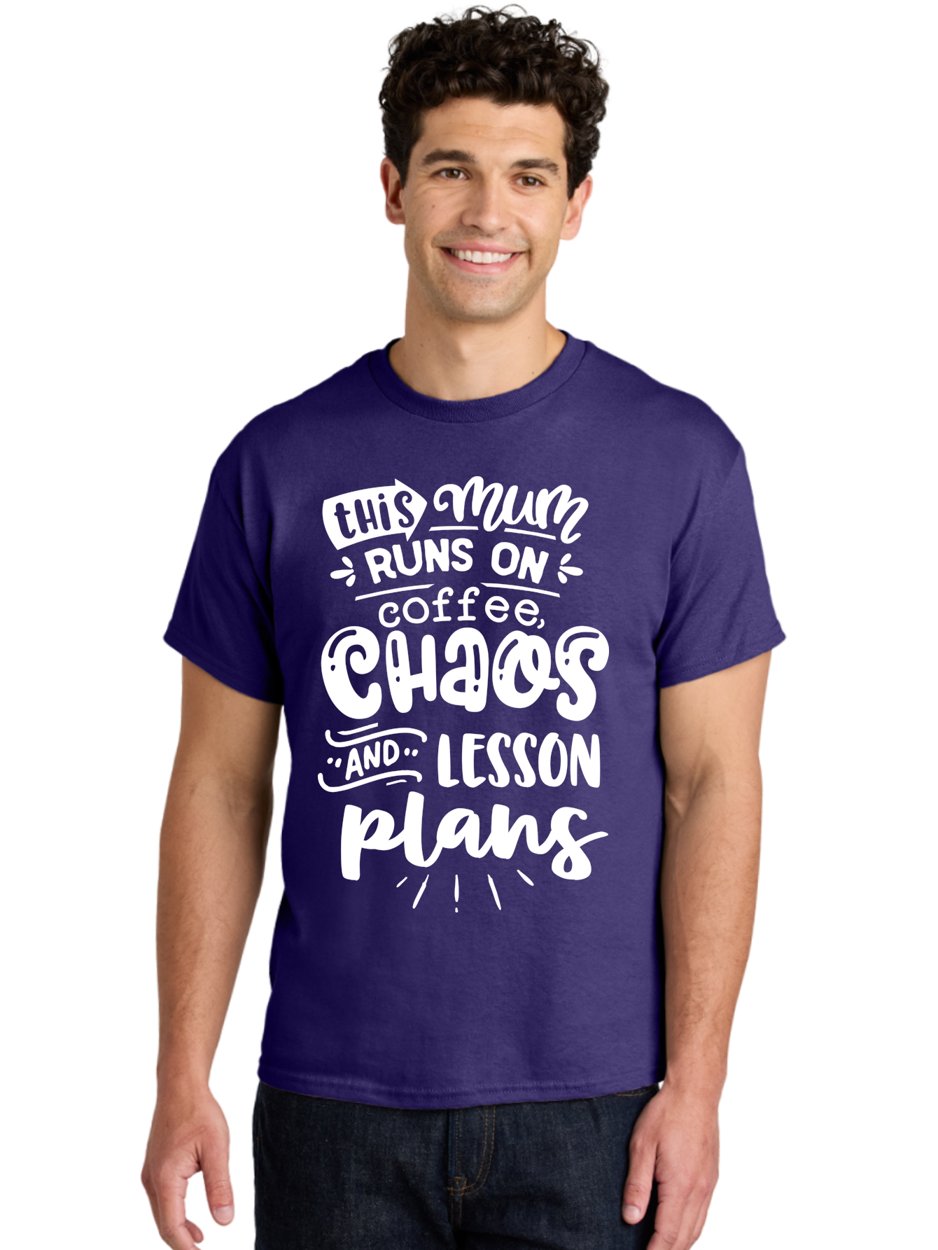 This-Mum-Runs-On-Coffee-Chaos-And-Lesson-Plans Men'S Graphic Tee, 100% Cotton, Comfortable Casual Summer Wear, Machine Washable, Funny Mom Quote, Teacher Humor, Coffee Lover, Chaotic Life, Lesson Plans, Mom Life, Teacher Life, Humorous Quote, Aab451