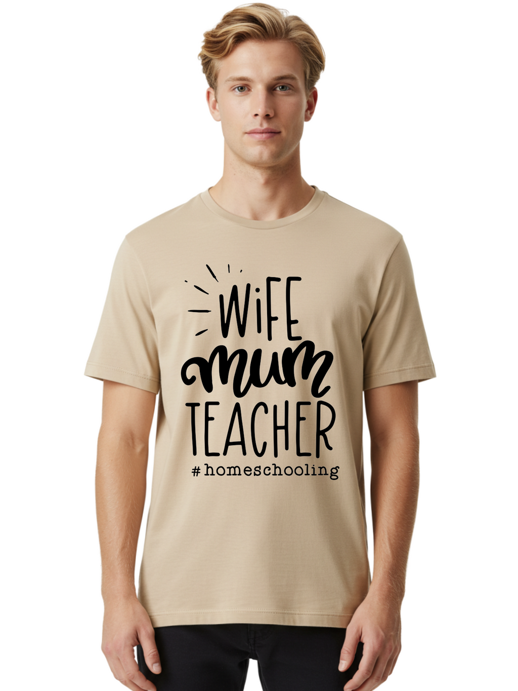 Wife-Mum-Teacher Men'S Graphic Tee, 100% Cotton, Comfortable Casual Summer Wear, Machine Washable, Homeschooling Mom, Wife And Teacher, Modern Family, Home Education, Parenting Roles, Inspirational Quote, Homeschooling Lifestyle Aab459
