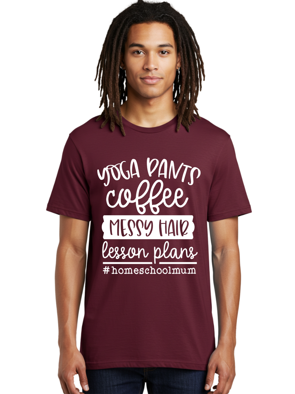 Yoga-Pants-Coffee-Messy-Hair-Lesson-Plans Men'S Graphic Tee, 100% Cotton, Comfortable Casual Summer Wear, Machine Washable, Homeschooling Mom, Yoga Pants, Messy Bun, Coffee Break, Lesson Plans, Mom Life, Homeschooling Lifestyle, Aab460
