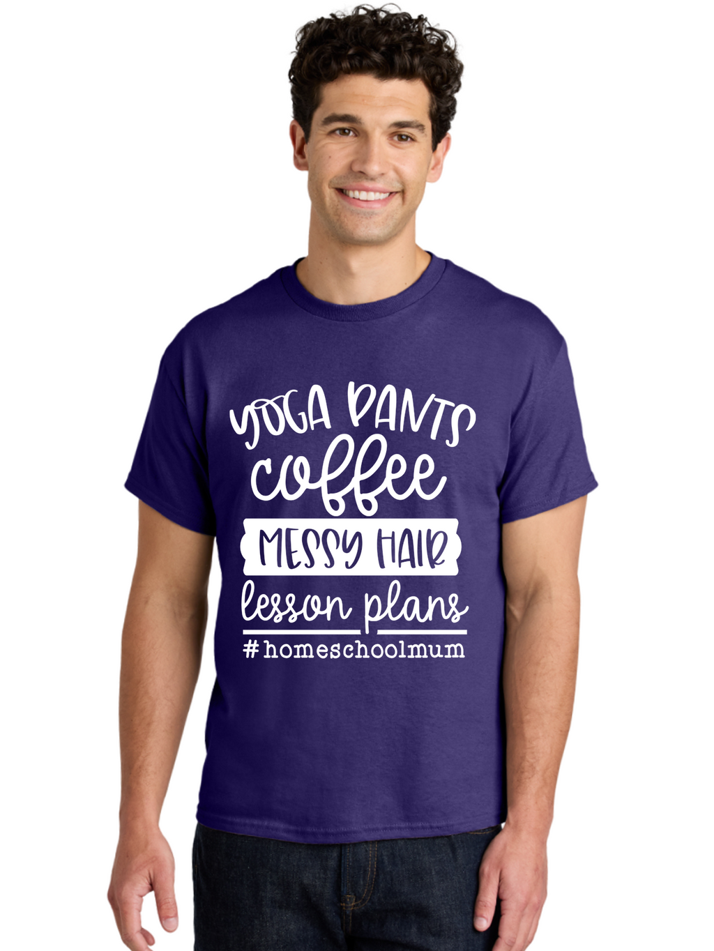 Yoga-Pants-Coffee-Messy-Hair-Lesson-Plans Men'S Graphic Tee, 100% Cotton, Comfortable Casual Summer Wear, Machine Washable, Homeschooling Mom, Yoga Pants, Messy Bun, Coffee Break, Lesson Plans, Mom Life, Homeschooling Lifestyle, Aab460