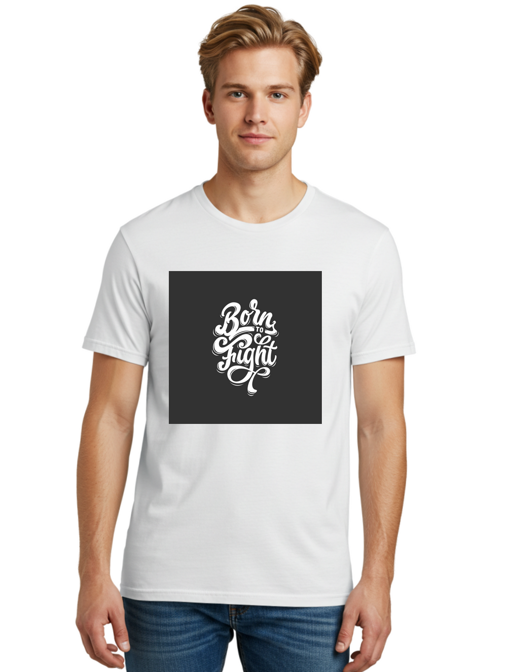 Born-To-Fight Men'S Graphic Tee, 100% Cotton, Comfortable Casual Summer Wear, Machine Washable, Motivational Quote, Inspirational Phrase, Bold Typography, White Lettering, Dark Background, Stylized Font, Fighting Spirit, Motivational Words Aab462