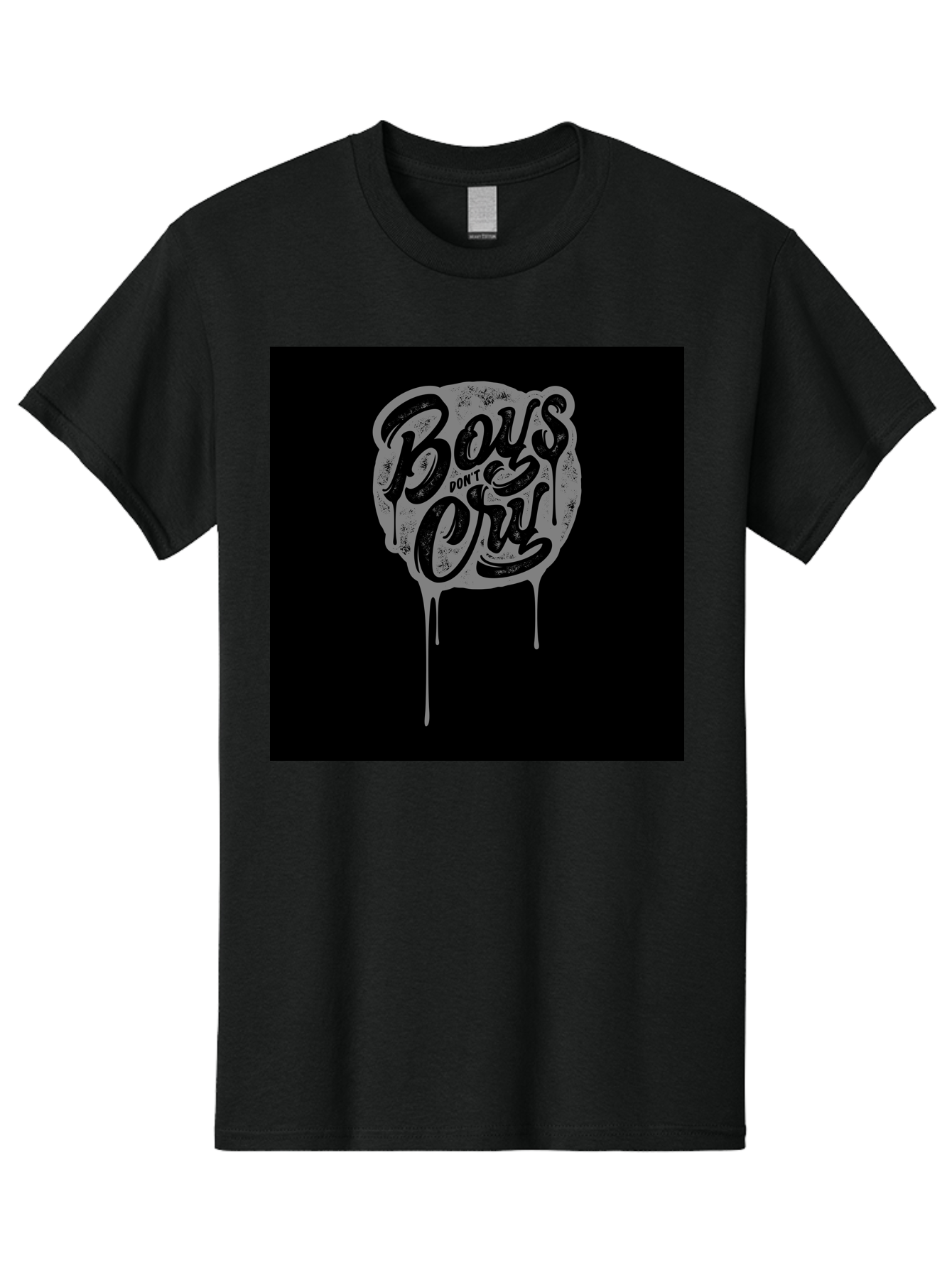 Boys-Don-T-Cry Men'S Graphic Tee, 100% Cotton, Comfortable Casual Summer Wear, Machine Washable, Boys Don'T Cry, Emotional Strength, Bold Typography, Grey Paint Drips, Black Background, Graphic Design, Urban Style, Rock Music, Typographic Art, Aab463