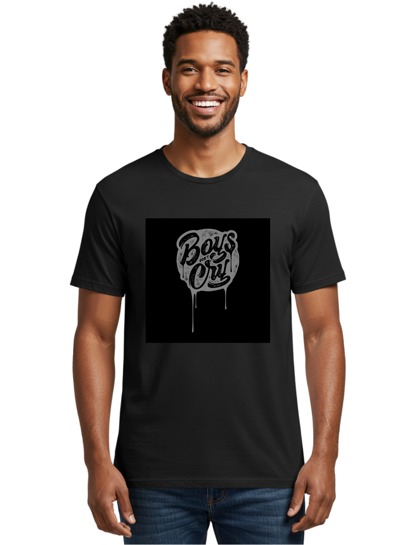 Boys-Don-T-Cry Men'S Graphic Tee, 100% Cotton, Comfortable Casual Summer Wear, Machine Washable, Boys Don'T Cry, Emotional Strength, Bold Typography, Grey Paint Drips, Black Background, Graphic Design, Urban Style, Rock Music, Typographic Art, Aab463