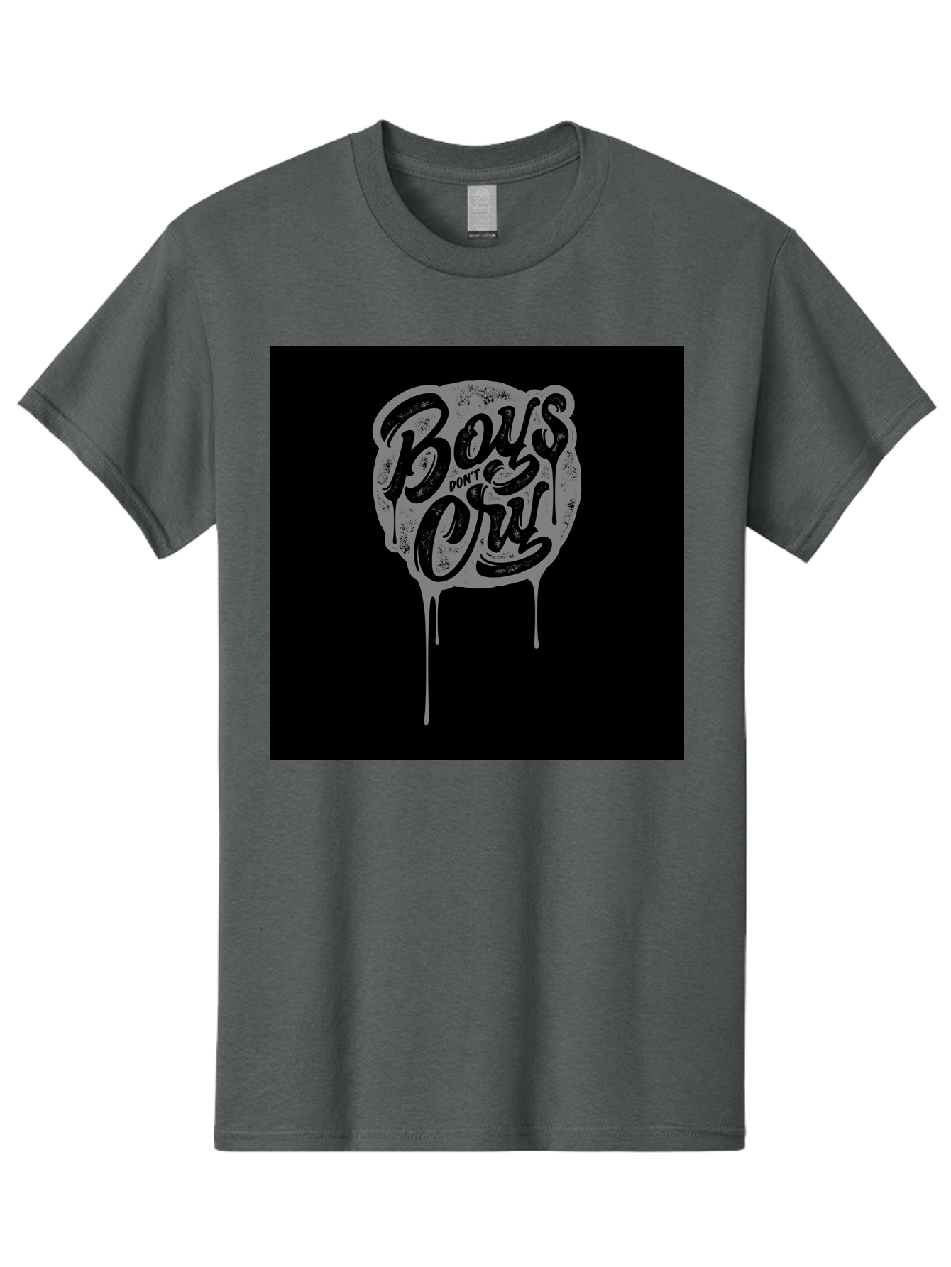 Boys-Don-T-Cry Men'S Graphic Tee, 100% Cotton, Comfortable Casual Summer Wear, Machine Washable, Boys Don'T Cry, Emotional Strength, Bold Typography, Grey Paint Drips, Black Background, Graphic Design, Urban Style, Rock Music, Typographic Art, Aab463