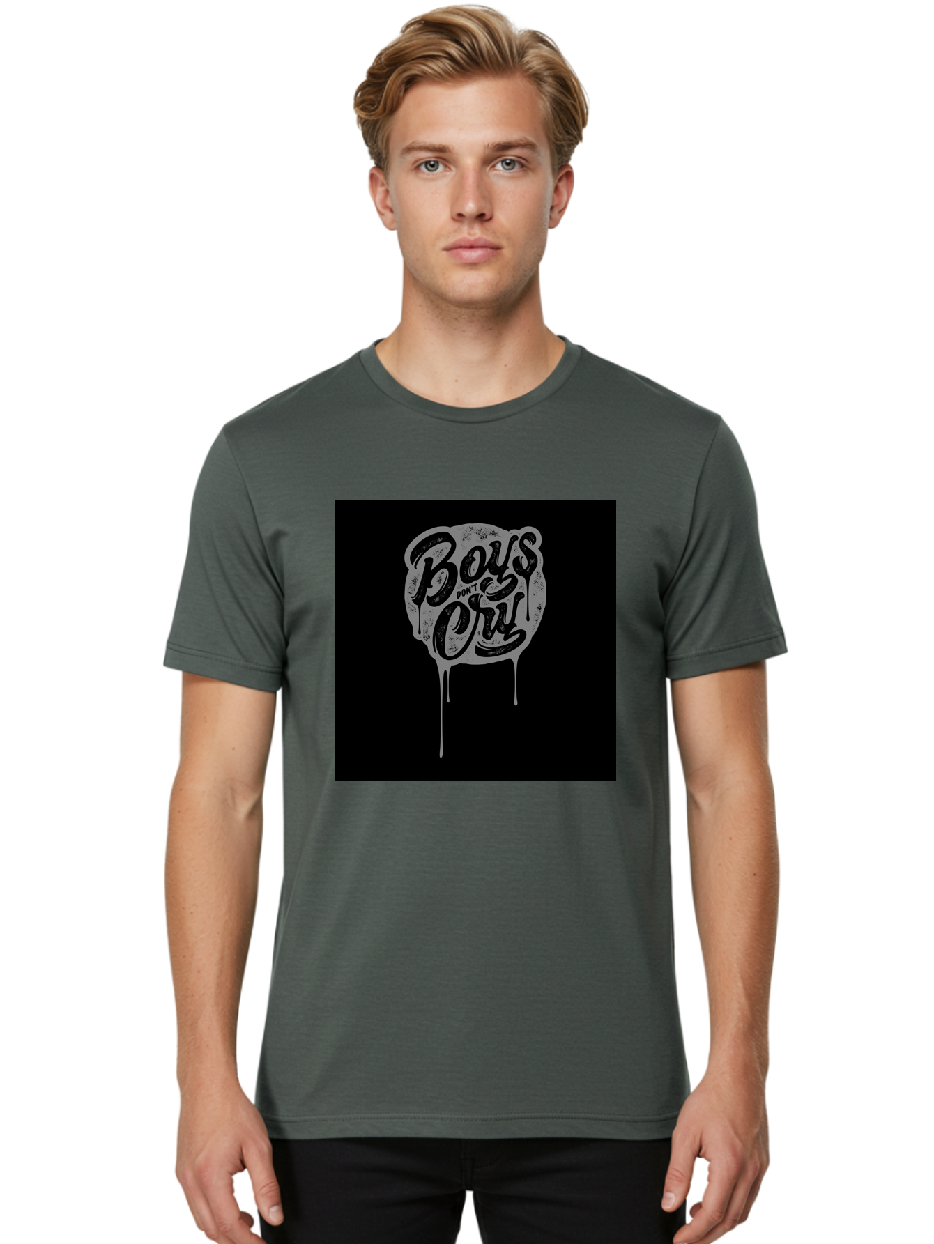 Boys-Don-T-Cry Men'S Graphic Tee, 100% Cotton, Comfortable Casual Summer Wear, Machine Washable, Boys Don'T Cry, Emotional Strength, Bold Typography, Grey Paint Drips, Black Background, Graphic Design, Urban Style, Rock Music, Typographic Art, Aab463