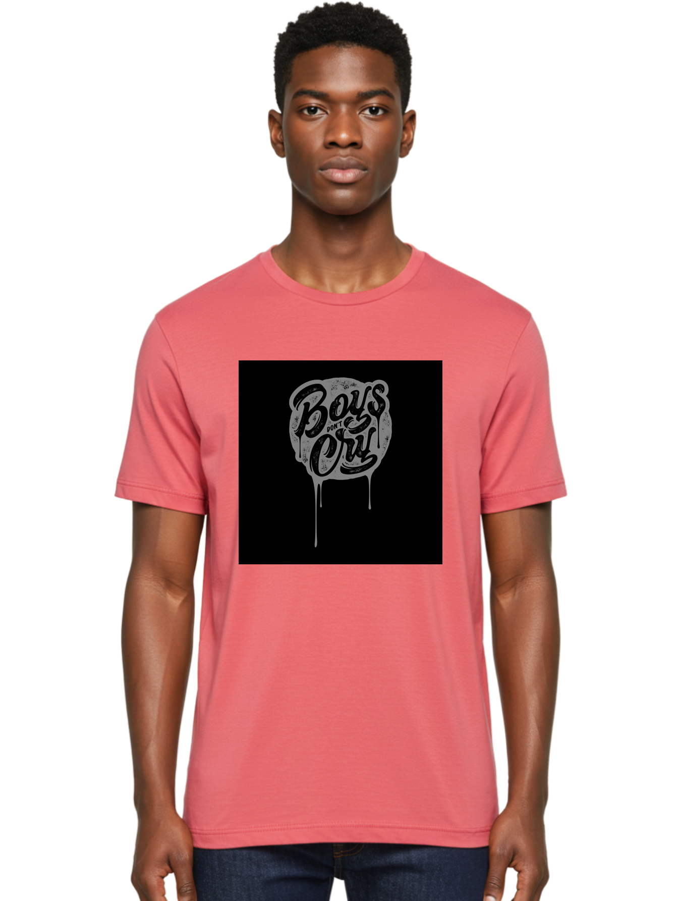 Boys-Don-T-Cry Men'S Graphic Tee, 100% Cotton, Comfortable Casual Summer Wear, Machine Washable, Boys Don'T Cry, Emotional Strength, Bold Typography, Grey Paint Drips, Black Background, Graphic Design, Urban Style, Rock Music, Typographic Art, Aab463