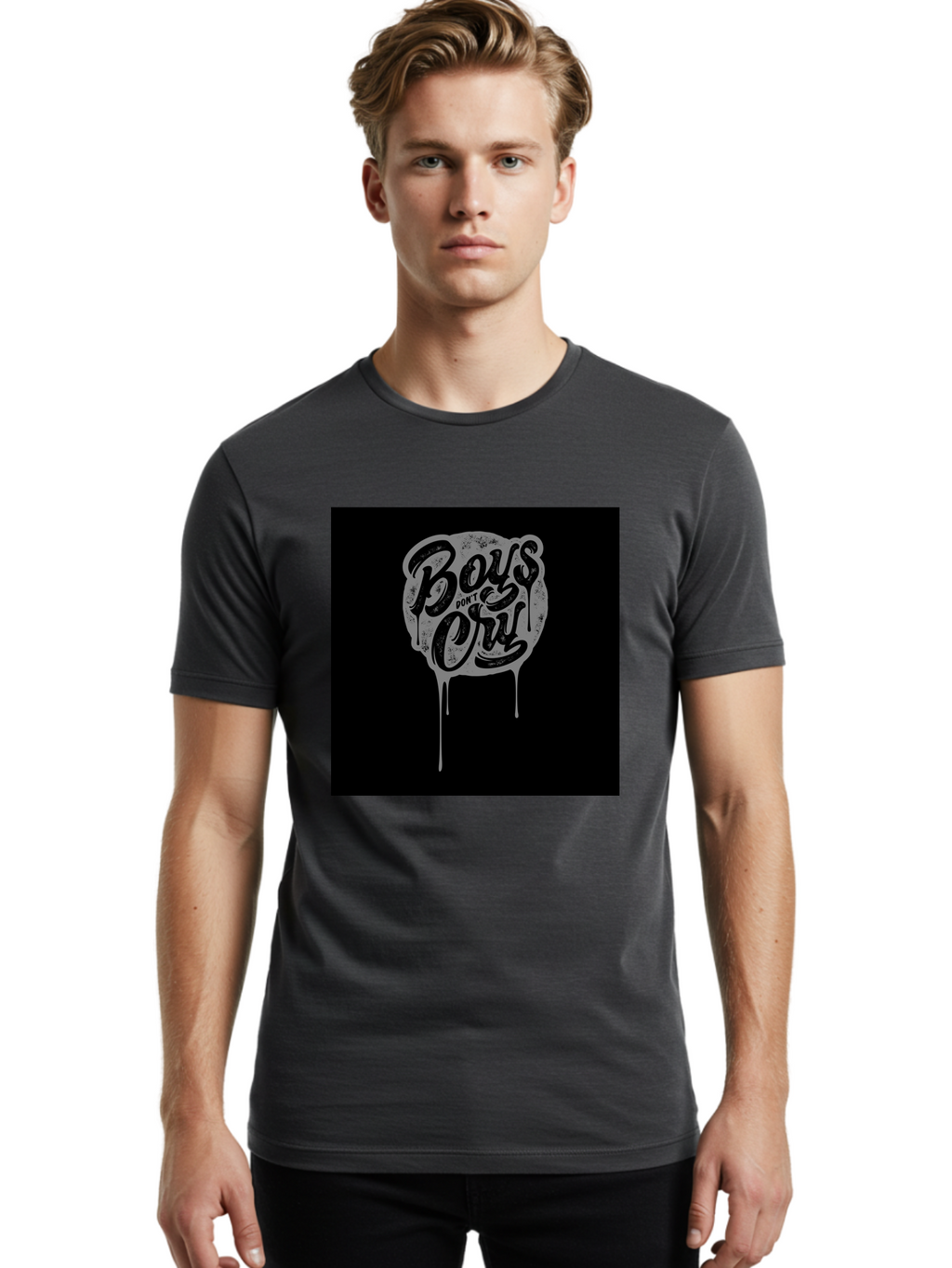 Boys-Don-T-Cry Men'S Graphic Tee, 100% Cotton, Comfortable Casual Summer Wear, Machine Washable, Boys Don'T Cry, Emotional Strength, Bold Typography, Grey Paint Drips, Black Background, Graphic Design, Urban Style, Rock Music, Typographic Art, Aab463