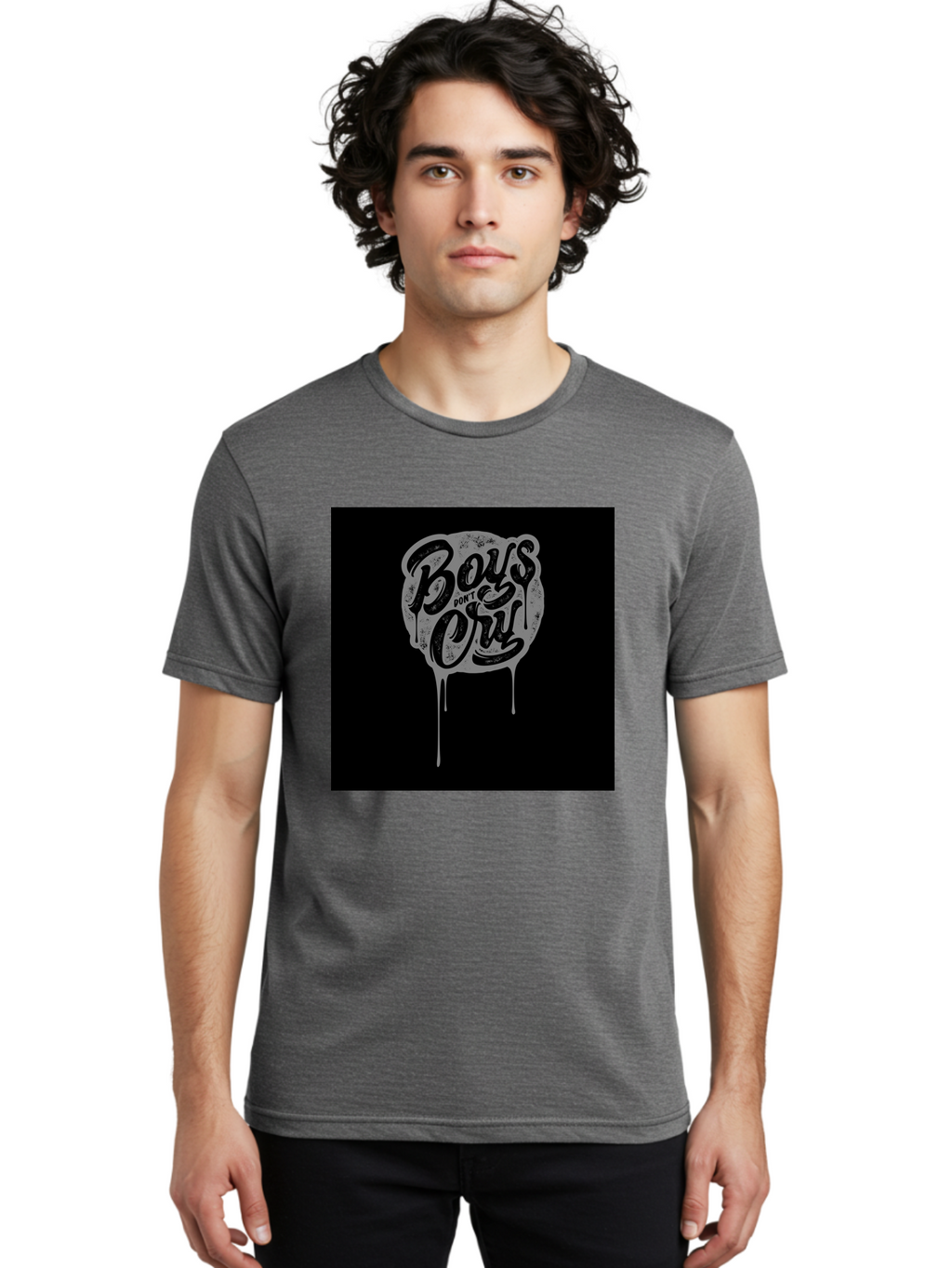 Boys-Don-T-Cry Men'S Graphic Tee, 100% Cotton, Comfortable Casual Summer Wear, Machine Washable, Boys Don'T Cry, Emotional Strength, Bold Typography, Grey Paint Drips, Black Background, Graphic Design, Urban Style, Rock Music, Typographic Art, Aab463