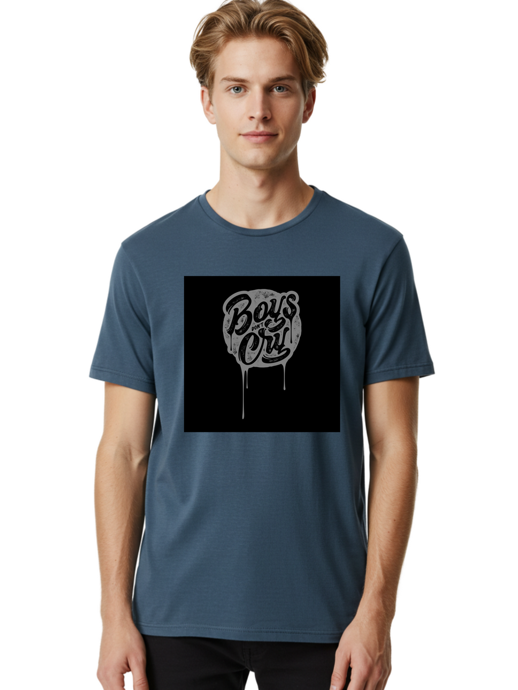 Boys-Don-T-Cry Men'S Graphic Tee, 100% Cotton, Comfortable Casual Summer Wear, Machine Washable, Boys Don'T Cry, Emotional Strength, Bold Typography, Grey Paint Drips, Black Background, Graphic Design, Urban Style, Rock Music, Typographic Art, Aab463