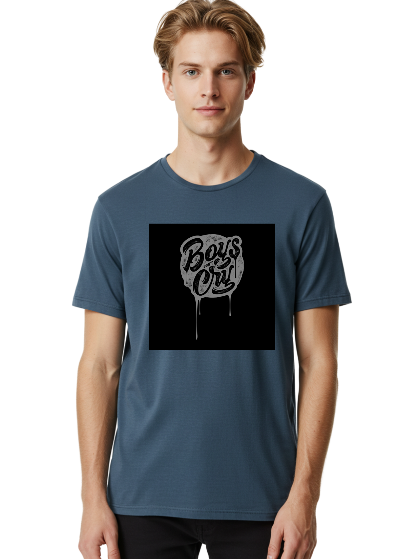 Boys-Don-T-Cry Men'S Graphic Tee, 100% Cotton, Comfortable Casual Summer Wear, Machine Washable, Boys Don'T Cry, Emotional Strength, Bold Typography, Grey Paint Drips, Black Background, Graphic Design, Urban Style, Rock Music, Typographic Art, Aab463