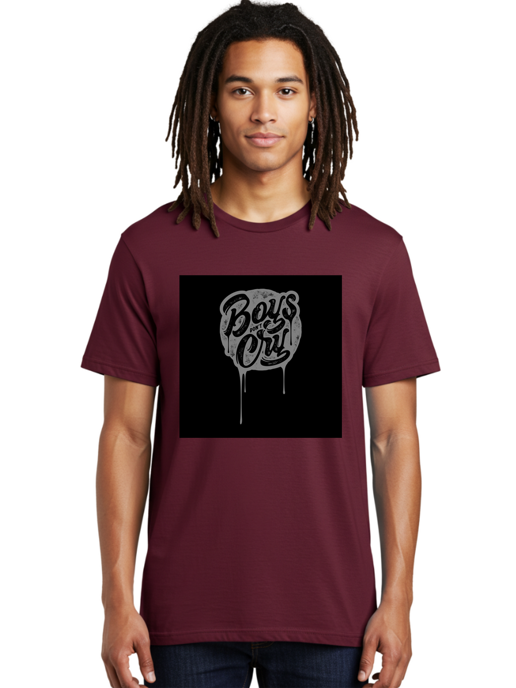 Boys-Don-T-Cry Men'S Graphic Tee, 100% Cotton, Comfortable Casual Summer Wear, Machine Washable, Boys Don'T Cry, Emotional Strength, Bold Typography, Grey Paint Drips, Black Background, Graphic Design, Urban Style, Rock Music, Typographic Art, Aab463