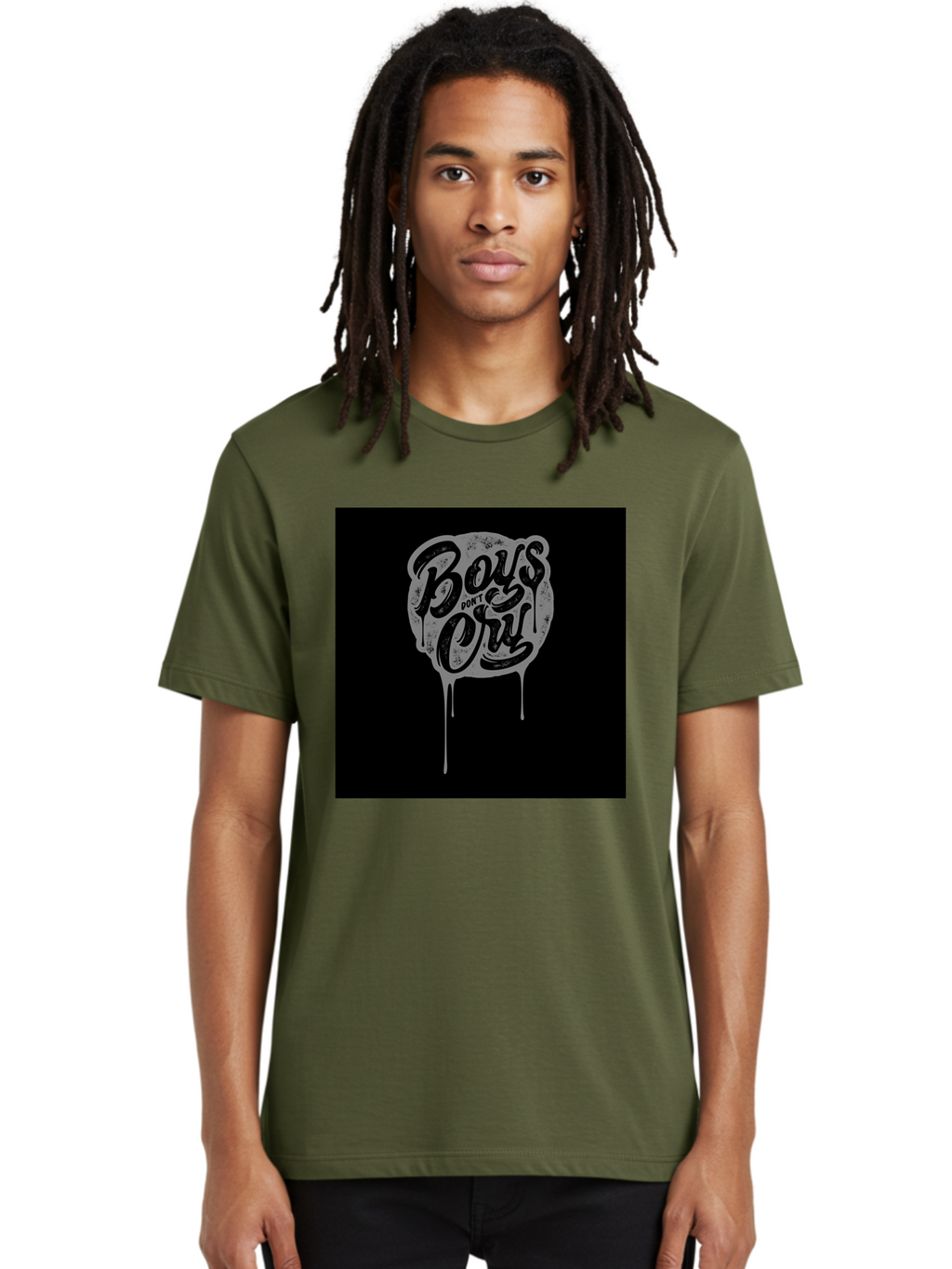 Boys-Don-T-Cry Men'S Graphic Tee, 100% Cotton, Comfortable Casual Summer Wear, Machine Washable, Boys Don'T Cry, Emotional Strength, Bold Typography, Grey Paint Drips, Black Background, Graphic Design, Urban Style, Rock Music, Typographic Art, Aab463