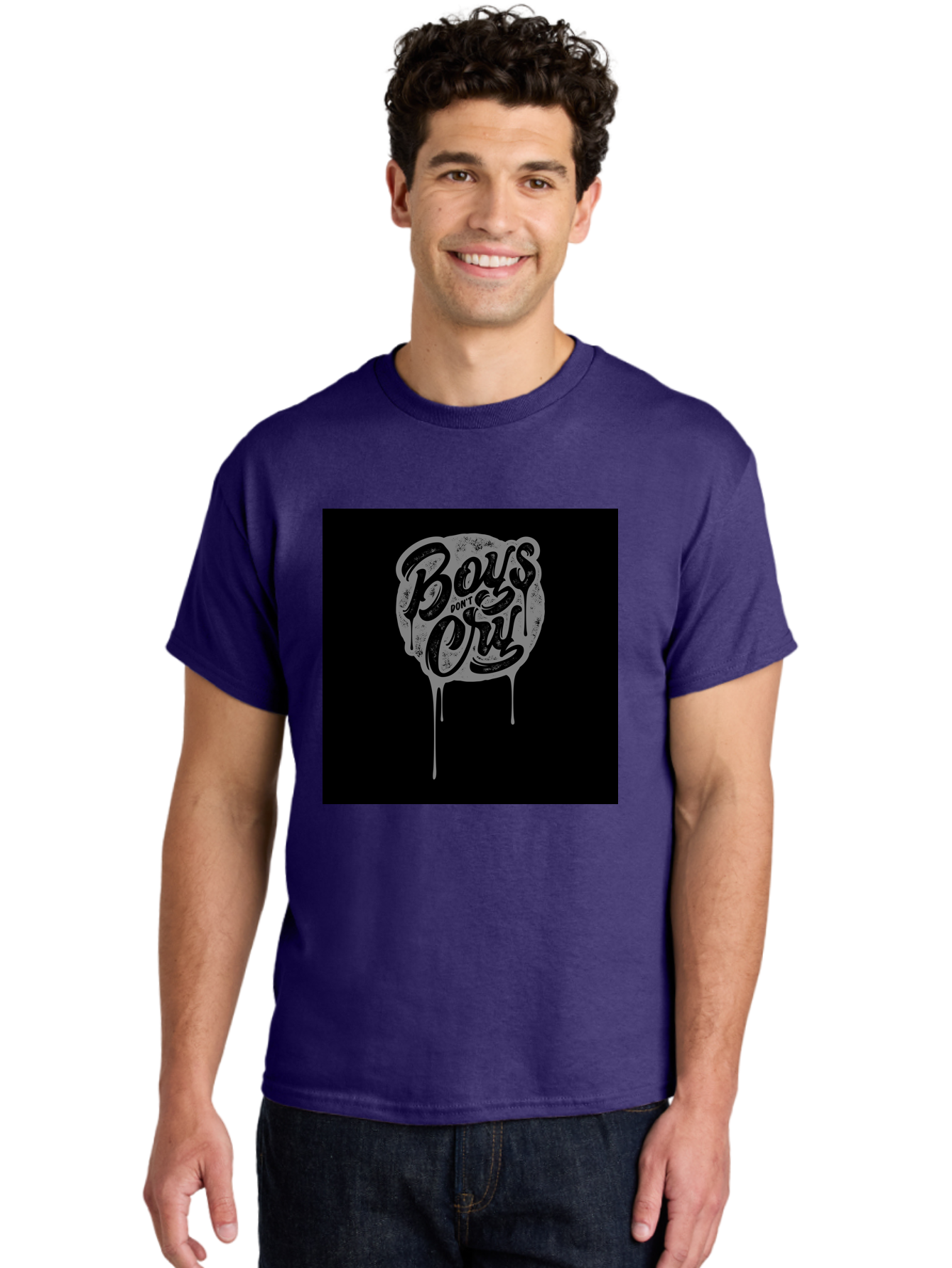 Boys-Don-T-Cry Men'S Graphic Tee, 100% Cotton, Comfortable Casual Summer Wear, Machine Washable, Boys Don'T Cry, Emotional Strength, Bold Typography, Grey Paint Drips, Black Background, Graphic Design, Urban Style, Rock Music, Typographic Art, Aab463
