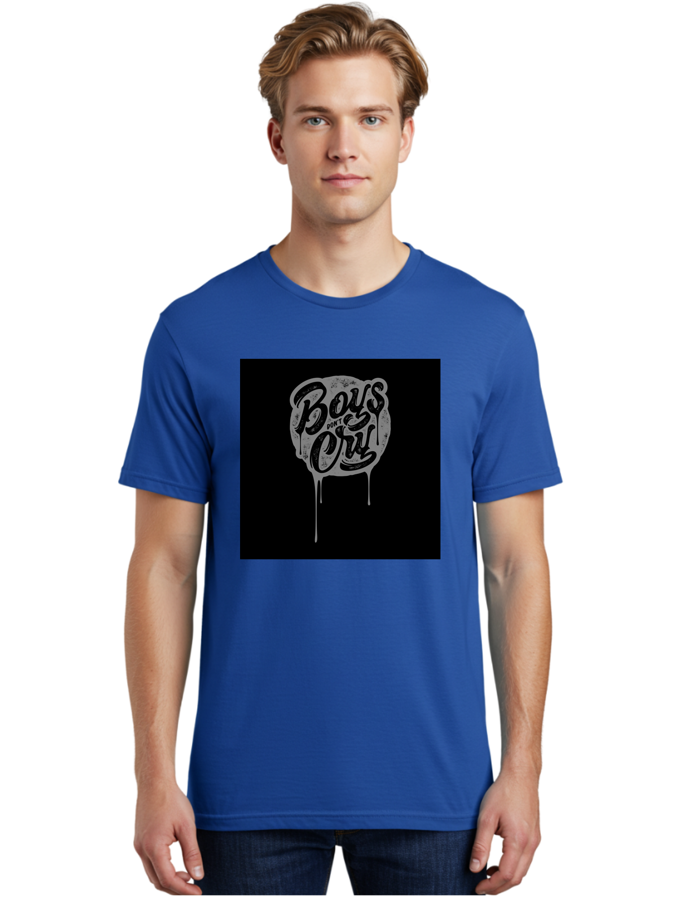 Boys-Don-T-Cry Men'S Graphic Tee, 100% Cotton, Comfortable Casual Summer Wear, Machine Washable, Boys Don'T Cry, Emotional Strength, Bold Typography, Grey Paint Drips, Black Background, Graphic Design, Urban Style, Rock Music, Typographic Art, Aab463