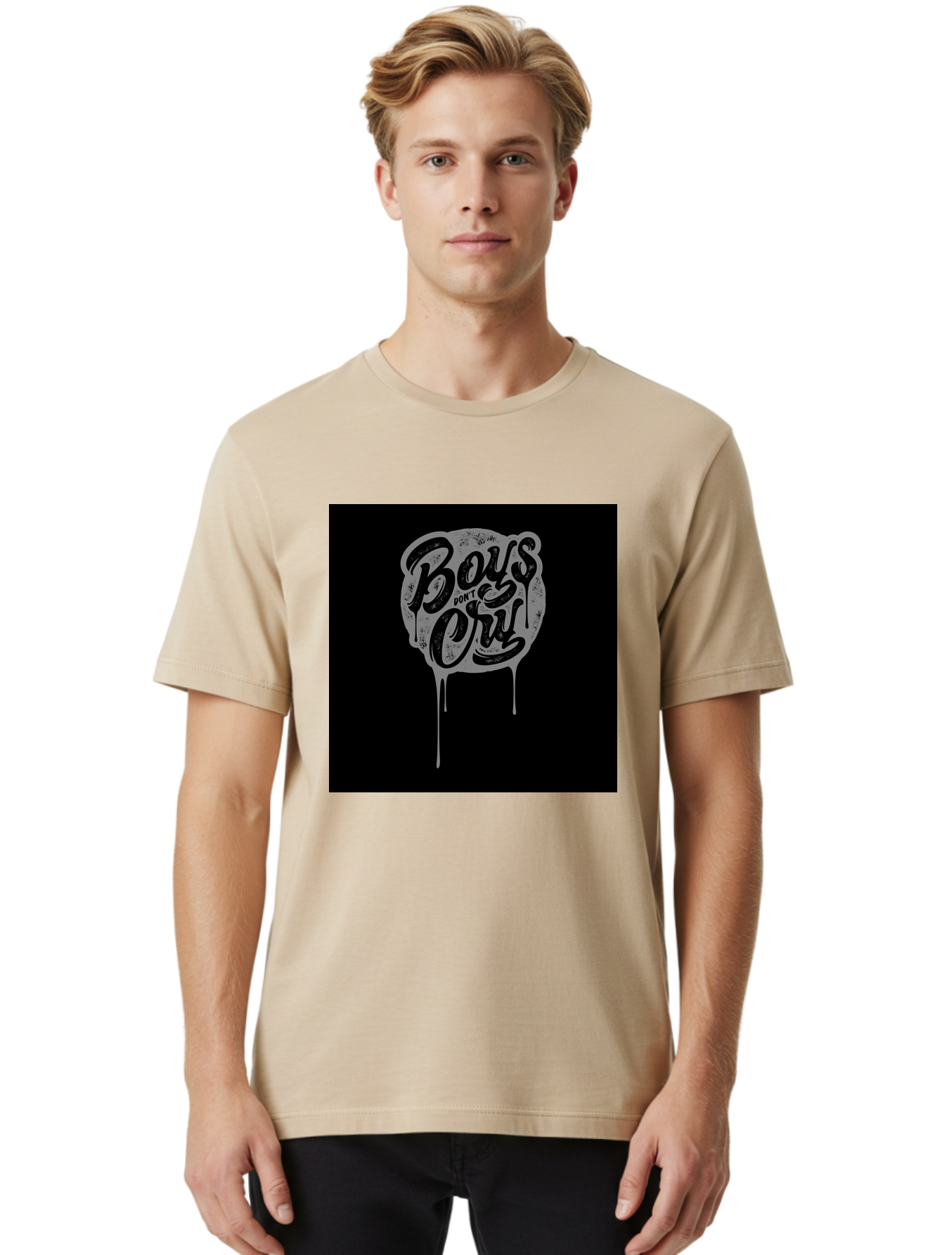 Boys-Don-T-Cry Men'S Graphic Tee, 100% Cotton, Comfortable Casual Summer Wear, Machine Washable, Boys Don'T Cry, Emotional Strength, Bold Typography, Grey Paint Drips, Black Background, Graphic Design, Urban Style, Rock Music, Typographic Art, Aab463