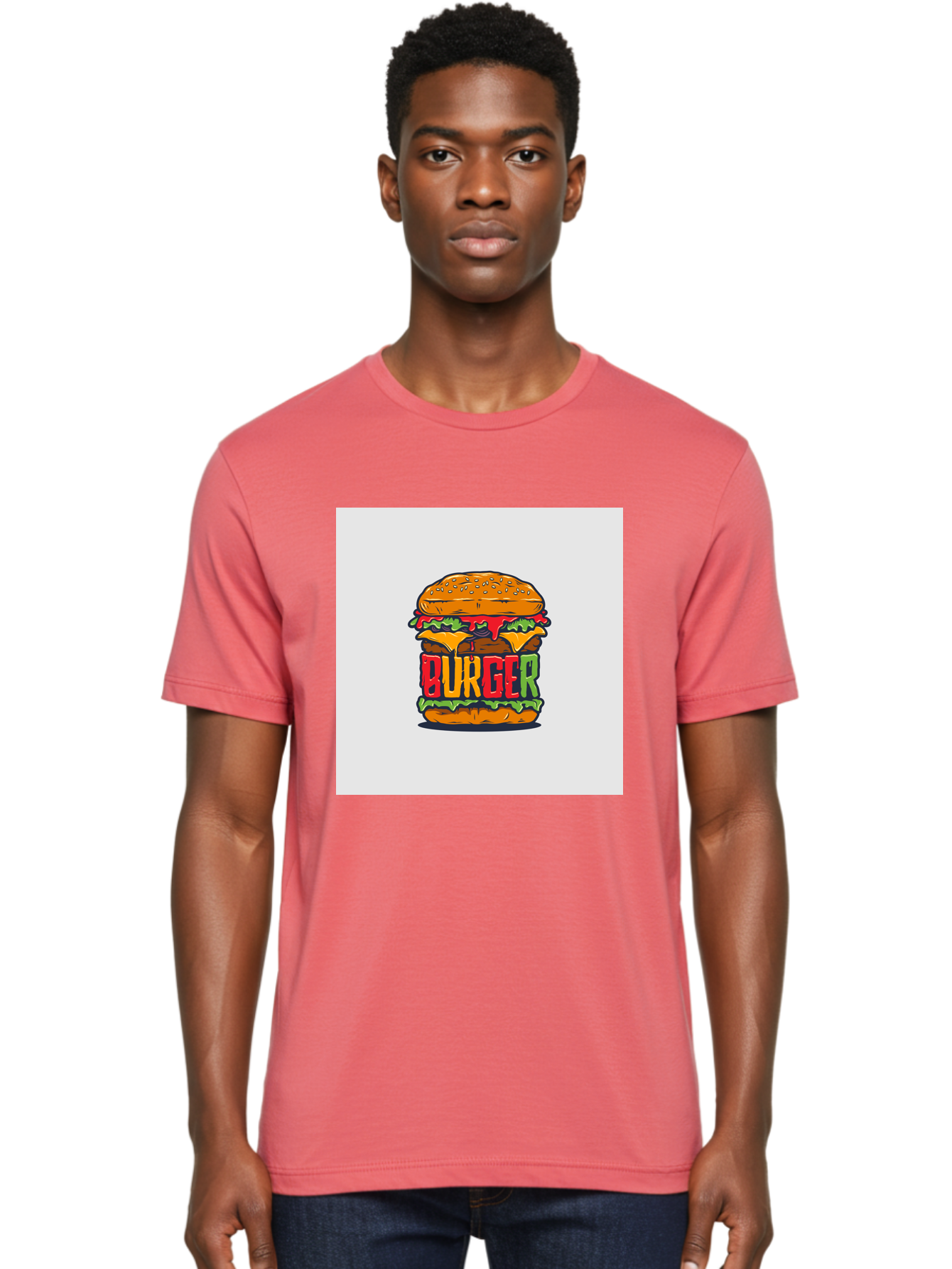 Burger Men'S Graphic Tee, 100% Cotton, Comfortable Casual Summer Wear, Machine Washable, Cartoon Burger, Juicy Patty, Melted Cheese, Fresh Lettuce, Ketchup Dripping, Sesame Seed Bun, Colorful Illustration, Fast Food, Burger Joint, Tasty Meal, Aab464