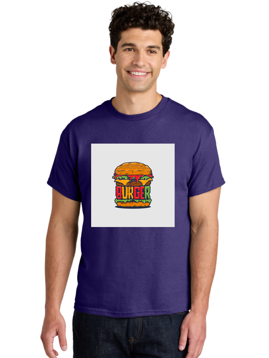 Burger Men'S Graphic Tee, 100% Cotton, Comfortable Casual Summer Wear, Machine Washable, Cartoon Burger, Juicy Patty, Melted Cheese, Fresh Lettuce, Ketchup Dripping, Sesame Seed Bun, Colorful Illustration, Fast Food, Burger Joint, Tasty Meal, Aab464