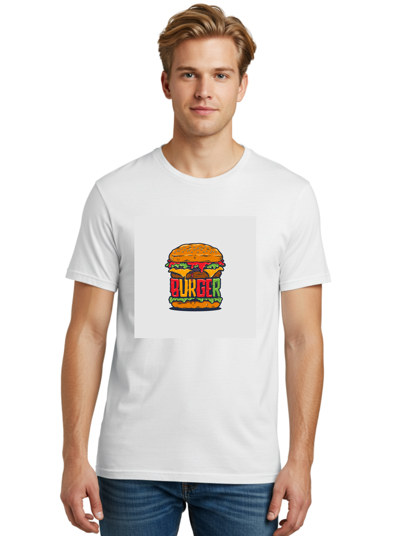 Burger Men'S Graphic Tee, 100% Cotton, Comfortable Casual Summer Wear, Machine Washable, Cartoon Burger, Juicy Patty, Melted Cheese, Fresh Lettuce, Ketchup Dripping, Sesame Seed Bun, Colorful Illustration, Fast Food, Burger Joint, Tasty Meal, Aab464