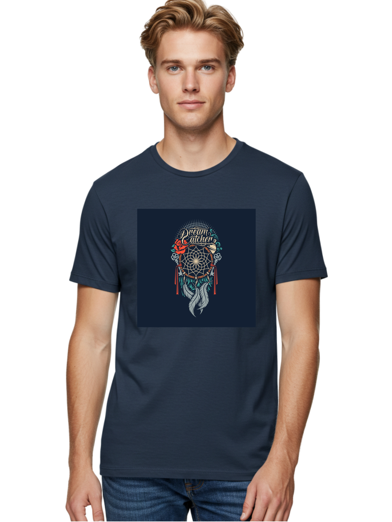 Dream-Catcher Men'S Graphic Tee, 100% Cotton, Comfortable Casual Summer Wear, Machine Washable, Dream Catcher, Bohemian Decor, Feather Design, Mystical Art, Spiritual Symbolism, Tribal Tattoo, Mystical Vibes, Dreamcatcher Art, Aab467