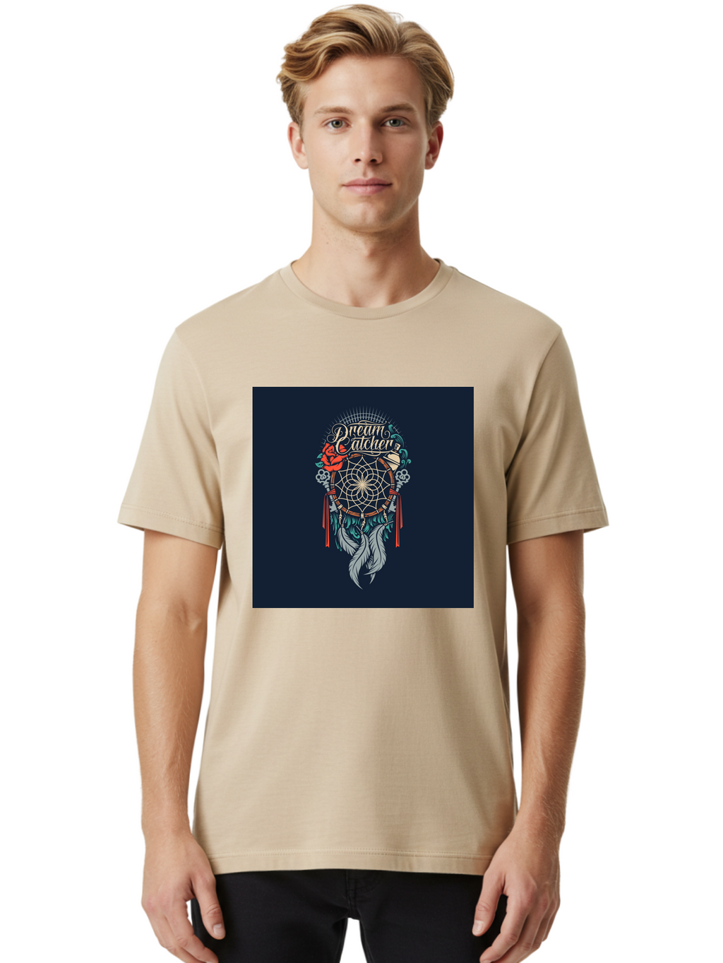 Dream-Catcher Men'S Graphic Tee, 100% Cotton, Comfortable Casual Summer Wear, Machine Washable, Dream Catcher, Bohemian Decor, Feather Design, Mystical Art, Spiritual Symbolism, Tribal Tattoo, Mystical Vibes, Dreamcatcher Art, Aab467